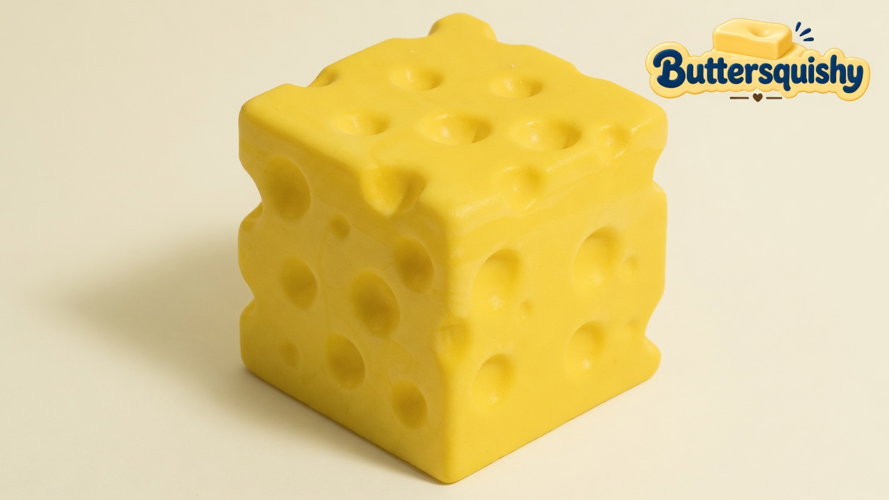 One bright yellow Swiss-hole Cheese Cube Loaf on a light-yellow cream studio block, Buttersquishy logo once at the upper right