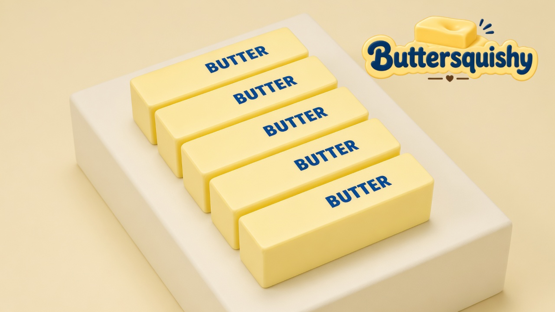 Five pale yellow Classic Butter Stick 4oz bars printed BUTTER, fanned on a light-yellow cream studio block, Buttersquishy logo once at the upper right