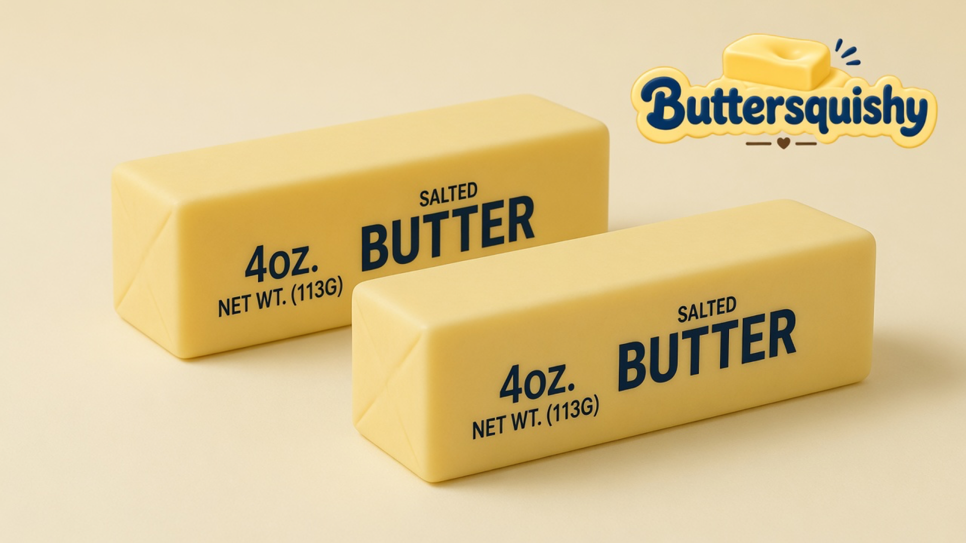 Two pale yellow Classic Gift Butter sticks printed 4OZ SALTED BUTTER on a light-yellow cream studio, with the Buttersquishy logo in the upper right