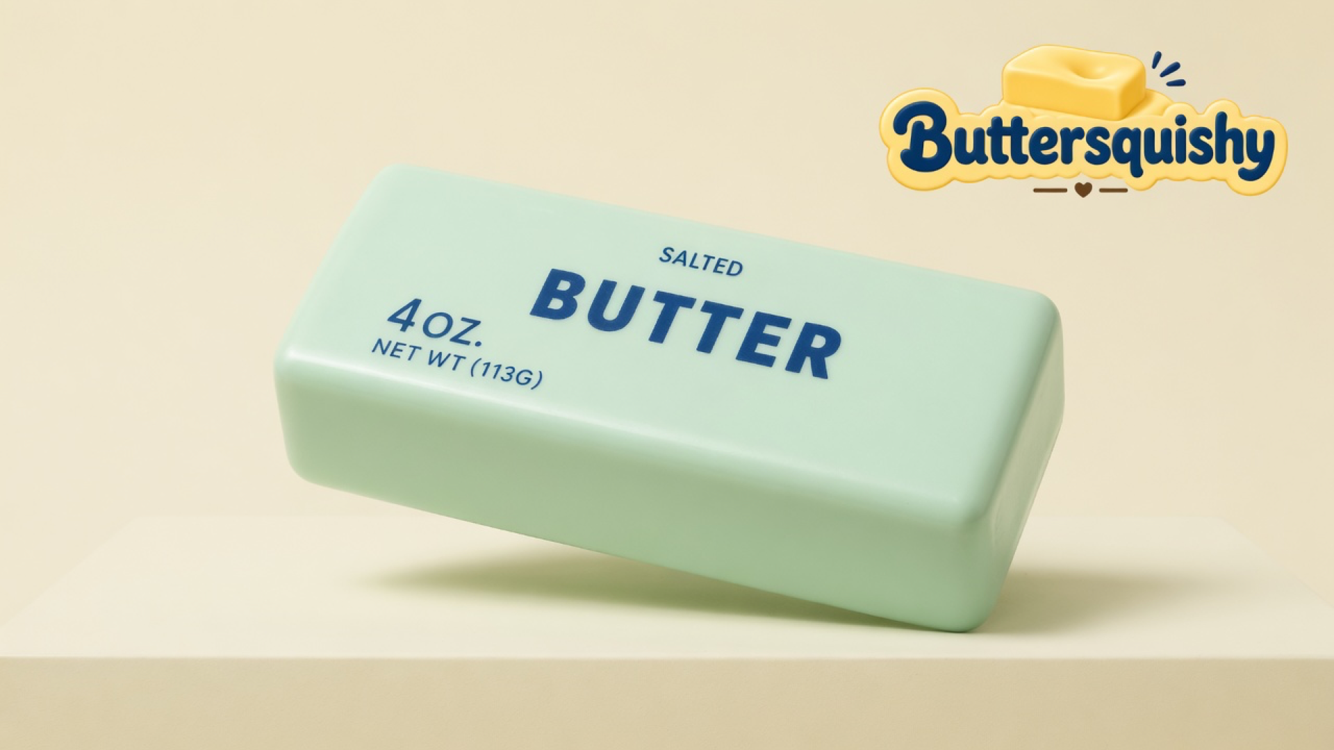 One pale mint-green Mint Lemon Crunch Butter loaf printed SALTED BUTTER and 4 OZ. NET WT (113G) on a light-yellow cream studio, with the Buttersquishy logo in the upper right