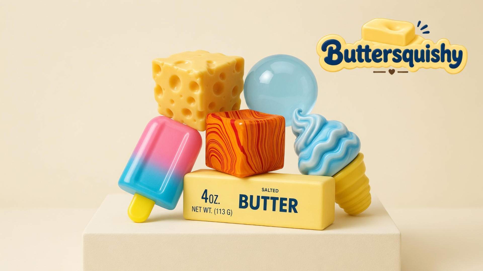Food-style Mixed Butter Pack group — salted-butter loaf, cheese cube, wood-grain cube, gradient popsicle, soft-serve, and a blue sphere — on a light-yellow cream studio block, with the Buttersquishy logo in the upper right