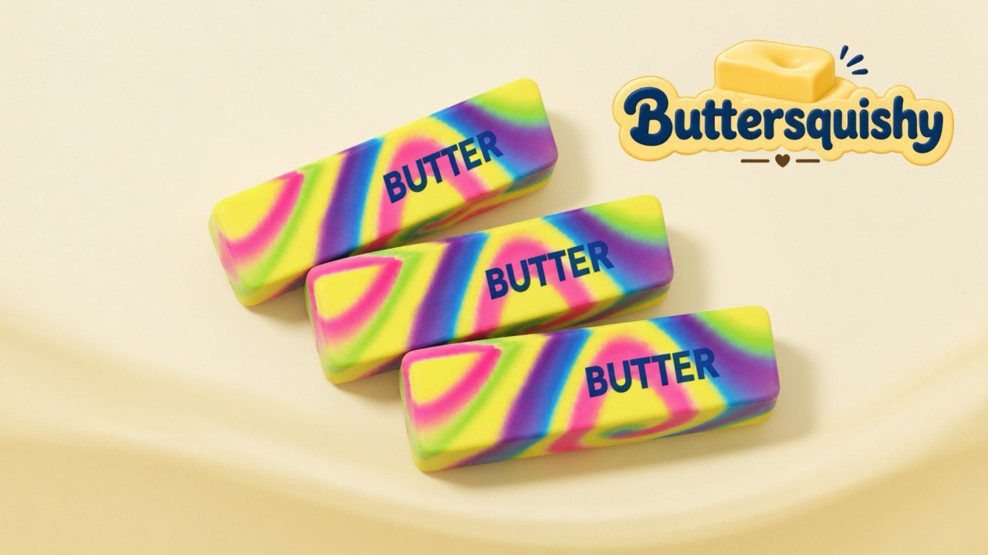Three neon yellow-magenta-violet swirl butter sticks printed BUTTER on a light-yellow cream studio, Buttersquishy logo once at the upper right