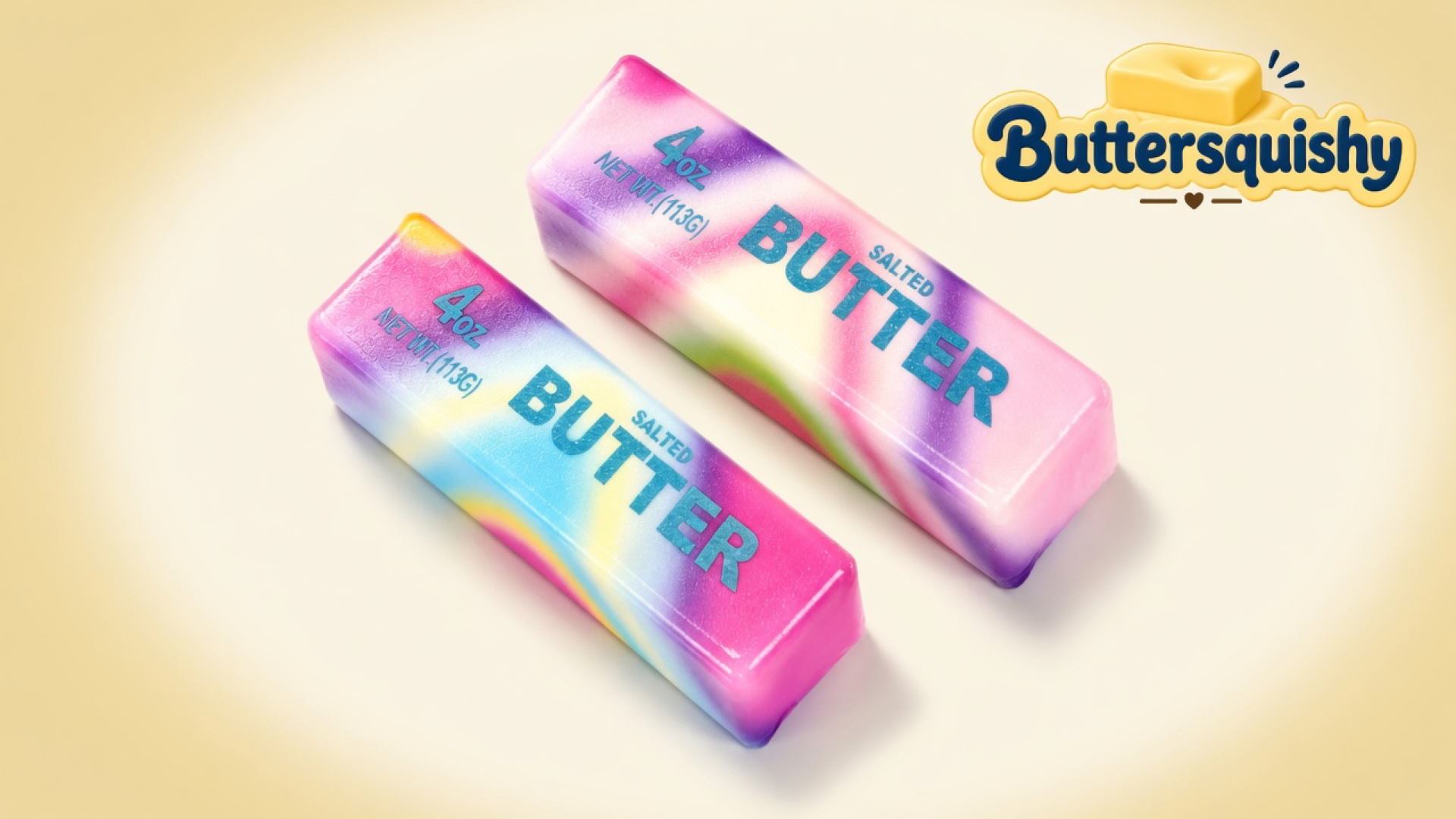 Two pink-purple-blue-yellow tie-dye butter-stick squishies printed 4oz NET WT.(113G) BUTTER SALTED on a light-yellow cream studio, Buttersquishy logo once at the upper right