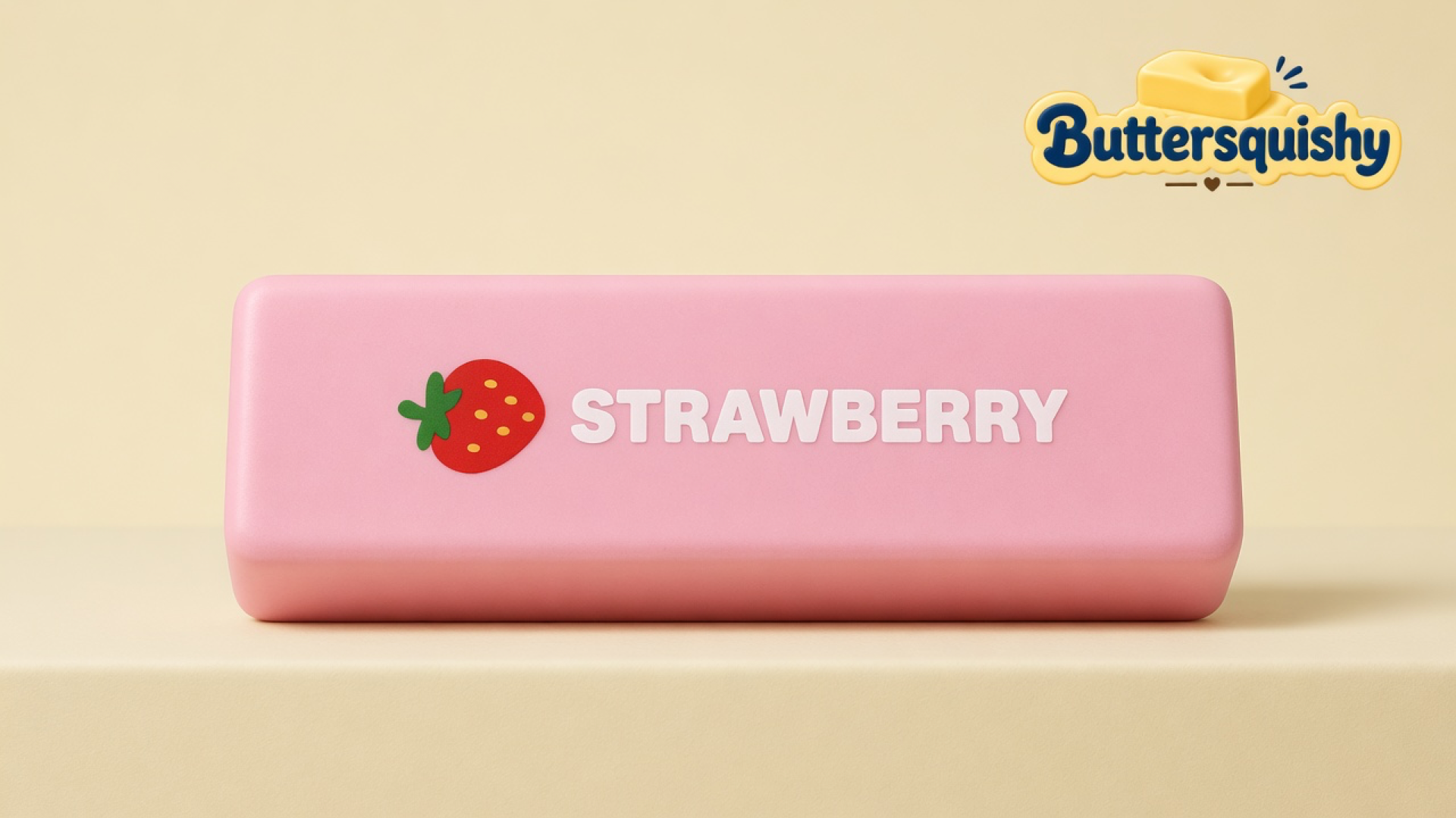 One candy-pink Strawberry Butter Stick with a red strawberry mark and white STRAWBERRY type on a light-yellow cream studio block, Buttersquishy logo once at the upper right