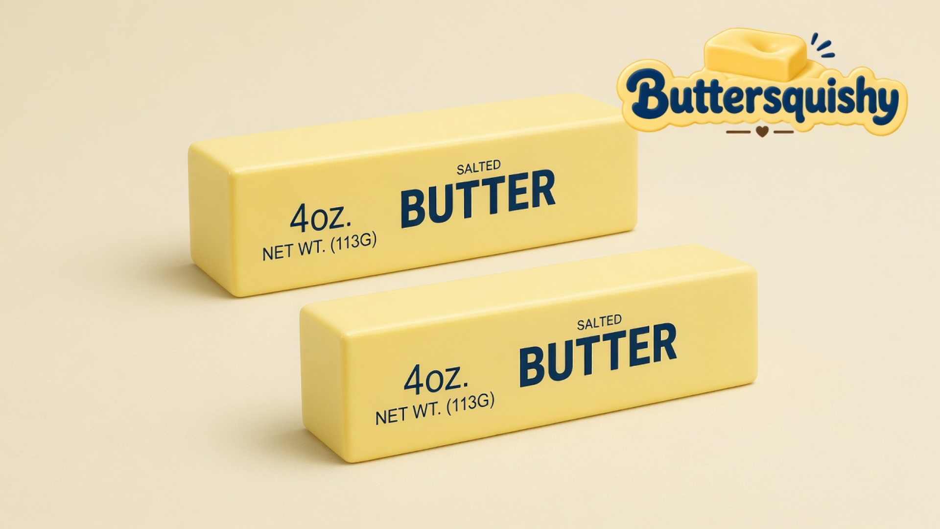 Two pale yellow Classic Butter Stick 4oz pieces printed SALTED BUTTER on a cream studio background, with the Buttersquishy logo in the upper right