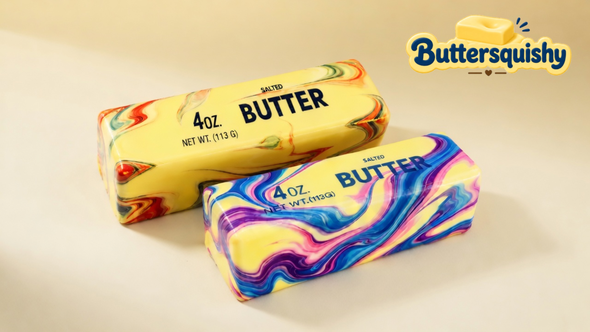 Two rectangular butter-loaf toys — one warm red-green marble with black SALTED BUTTER type, one cool blue-purple marble with blue type — on a light-yellow cream studio, Buttersquishy logo in the upper right