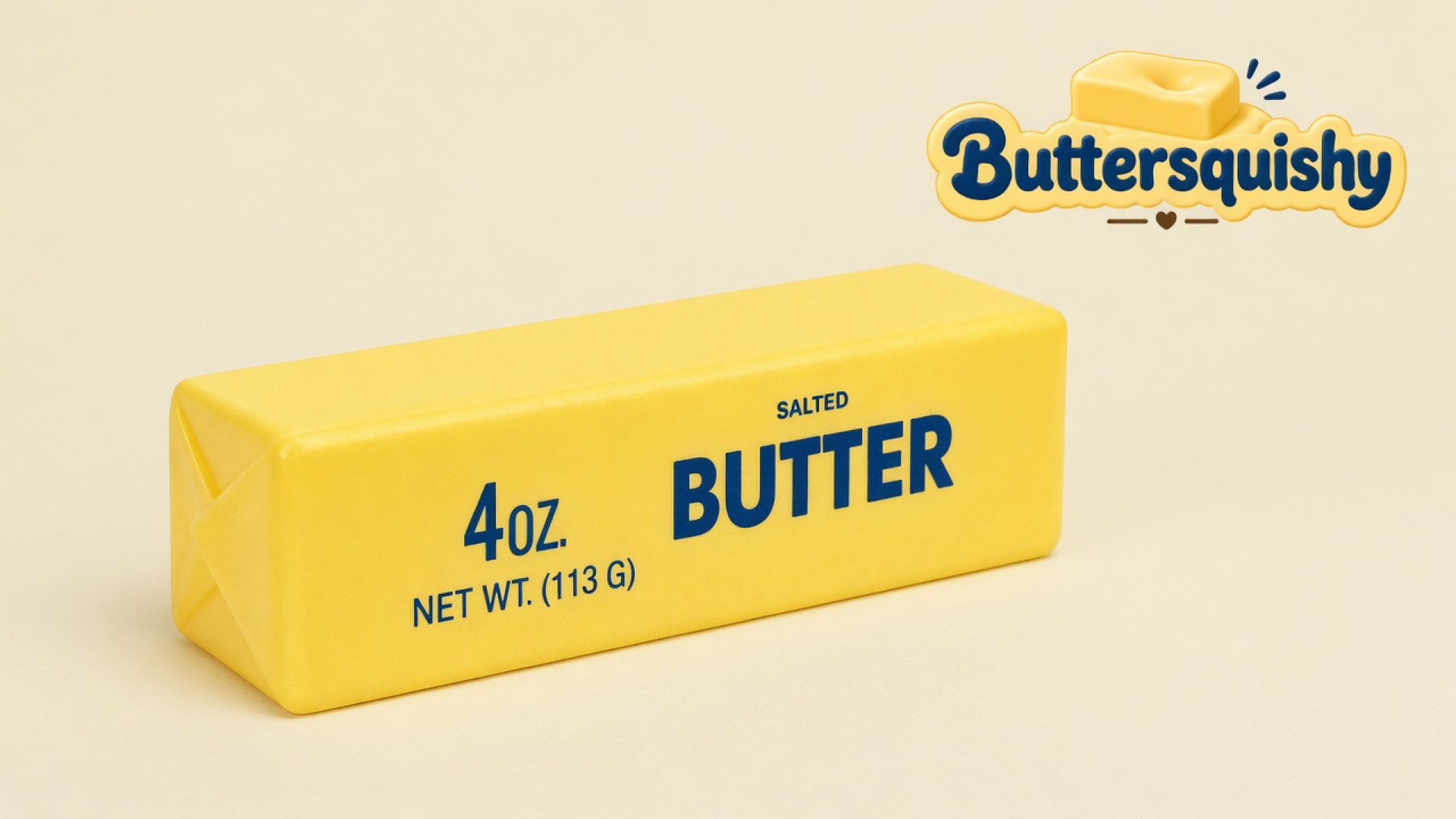 One yellow Classic Butter Stick 4oz printed SALTED BUTTER and 4OZ NET WT on a light-yellow cream studio, with the Buttersquishy logo in the upper right