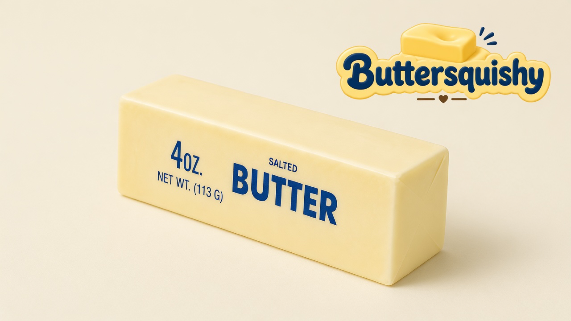A pale yellow Classic Gift Butter stick printed 4OZ SALTED BUTTER on a light-yellow cream studio, with the Buttersquishy logo in the upper right