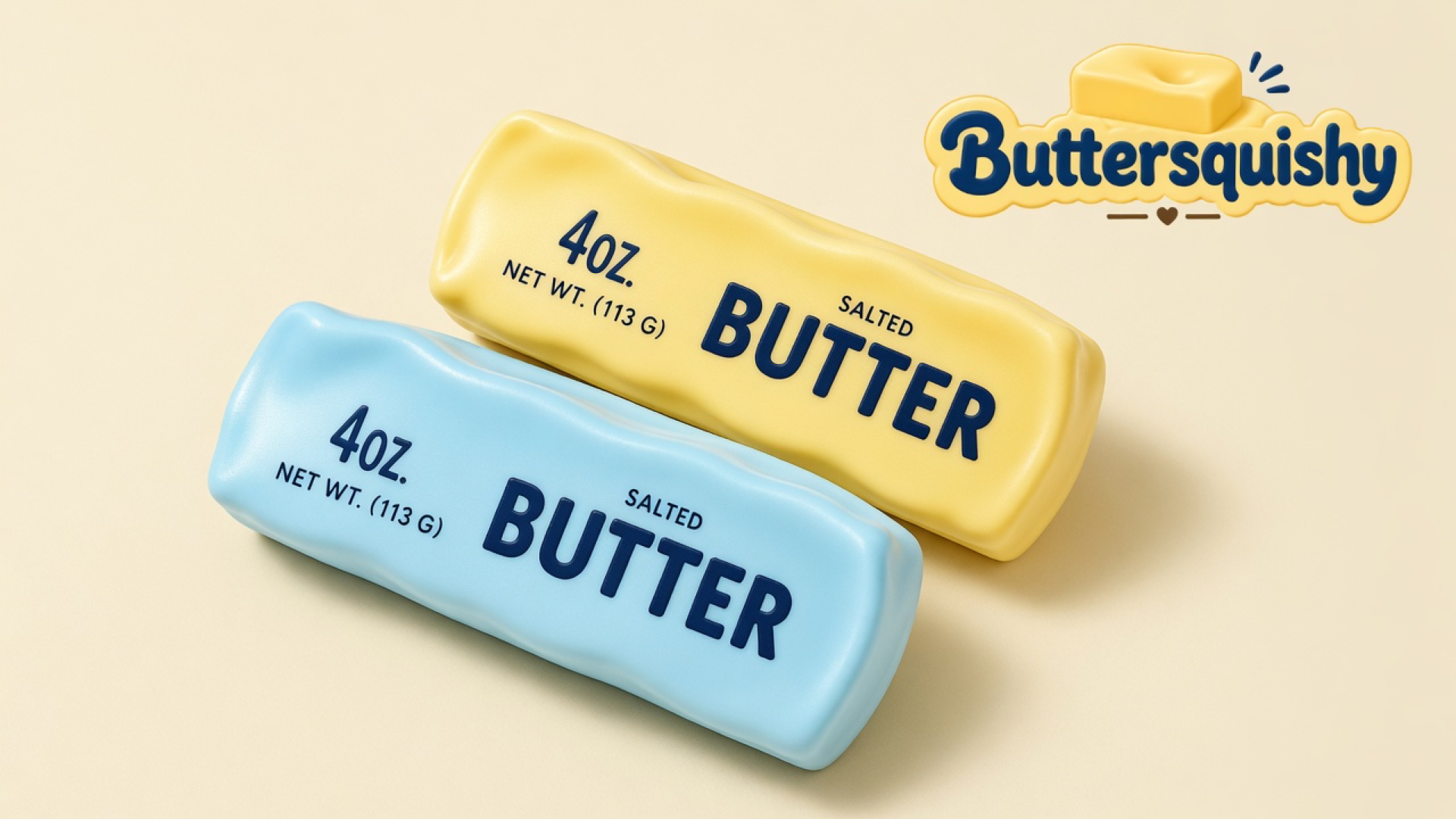 Two rectangular butter-stick toys — one lemon-yellow and one sky-blue, both printed SALTED BUTTER — on a light-yellow cream studio, Buttersquishy logo in the upper right