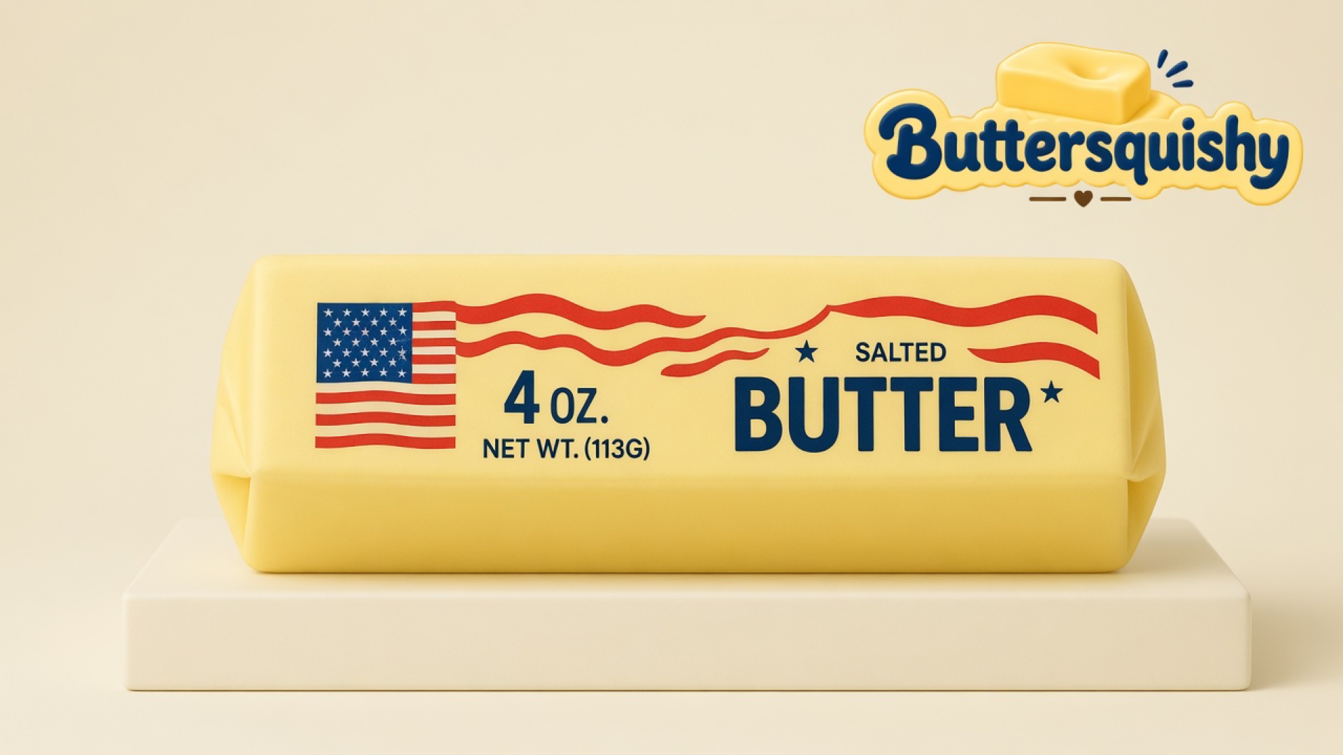 One pale yellow Stars and Stripes Butter loaf with a printed flag, navy wrapper type, and red waves on a light-yellow cream studio, Buttersquishy logo in the upper right