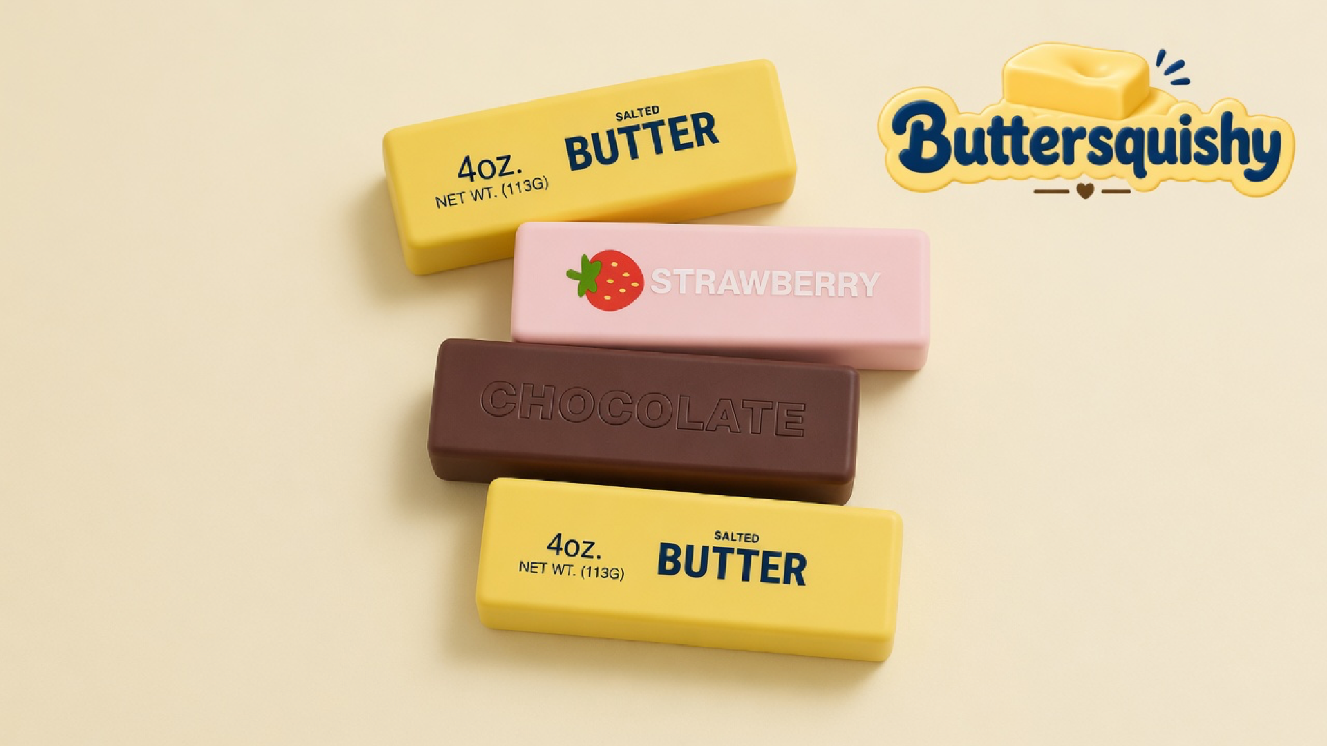 Four Strawberry Chocolate Butter sticks — two yellow salted-butter prints, one pink strawberry loaf, and one brown chocolate loaf — on a light-yellow cream studio, with the Buttersquishy logo in the upper right