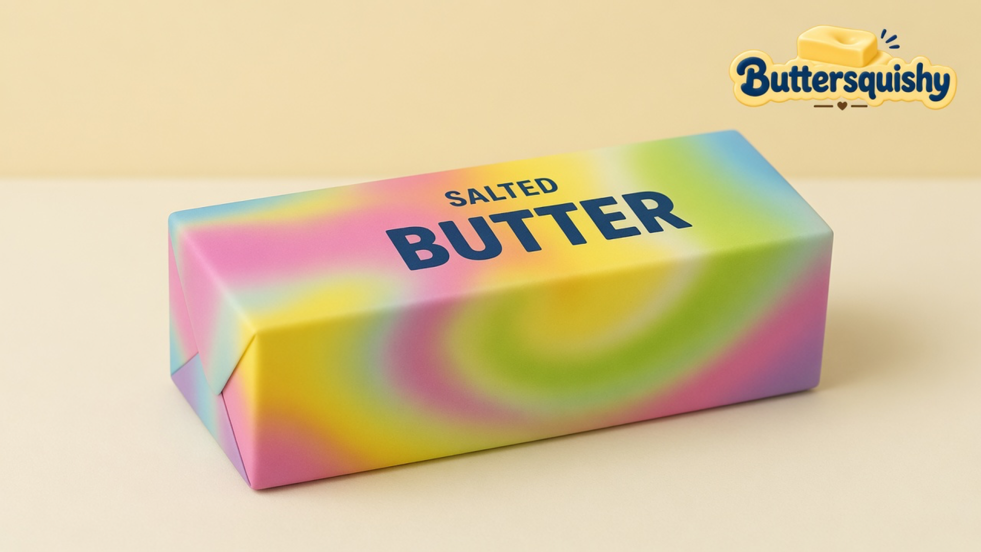 One pastel rainbow Swirl Mix Butter loaf printed SALTED BUTTER on a light-yellow cream studio, with the Buttersquishy logo in the upper right