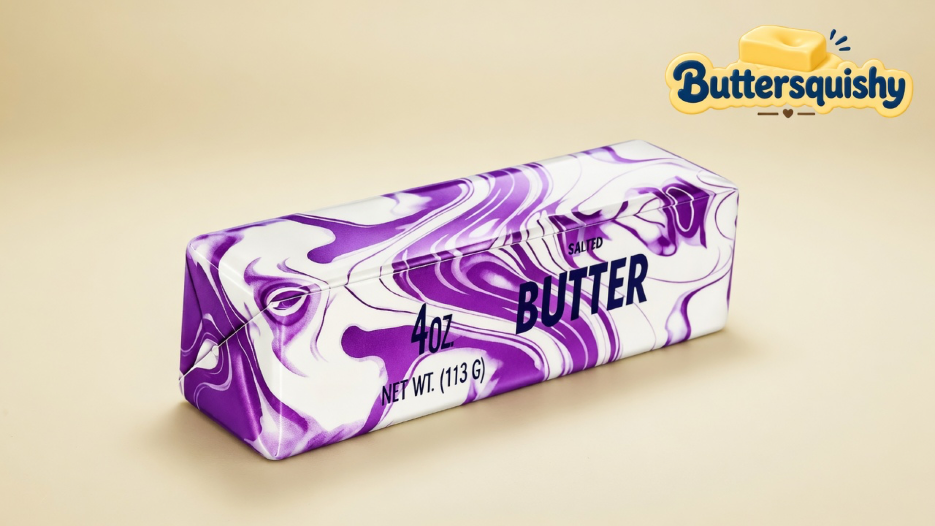 One paper-white Violet Marble Butter stick with flowing purple swirls and navy SALTED BUTTER type on a light-yellow cream studio, Buttersquishy logo in the upper right
