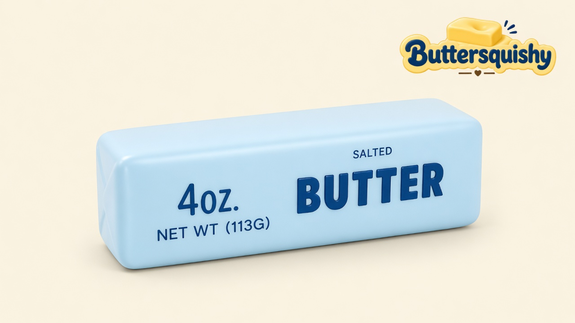 Powder-blue SALTED BUTTER loaf on a light-yellow cream studio, Buttersquishy logo in the upper right