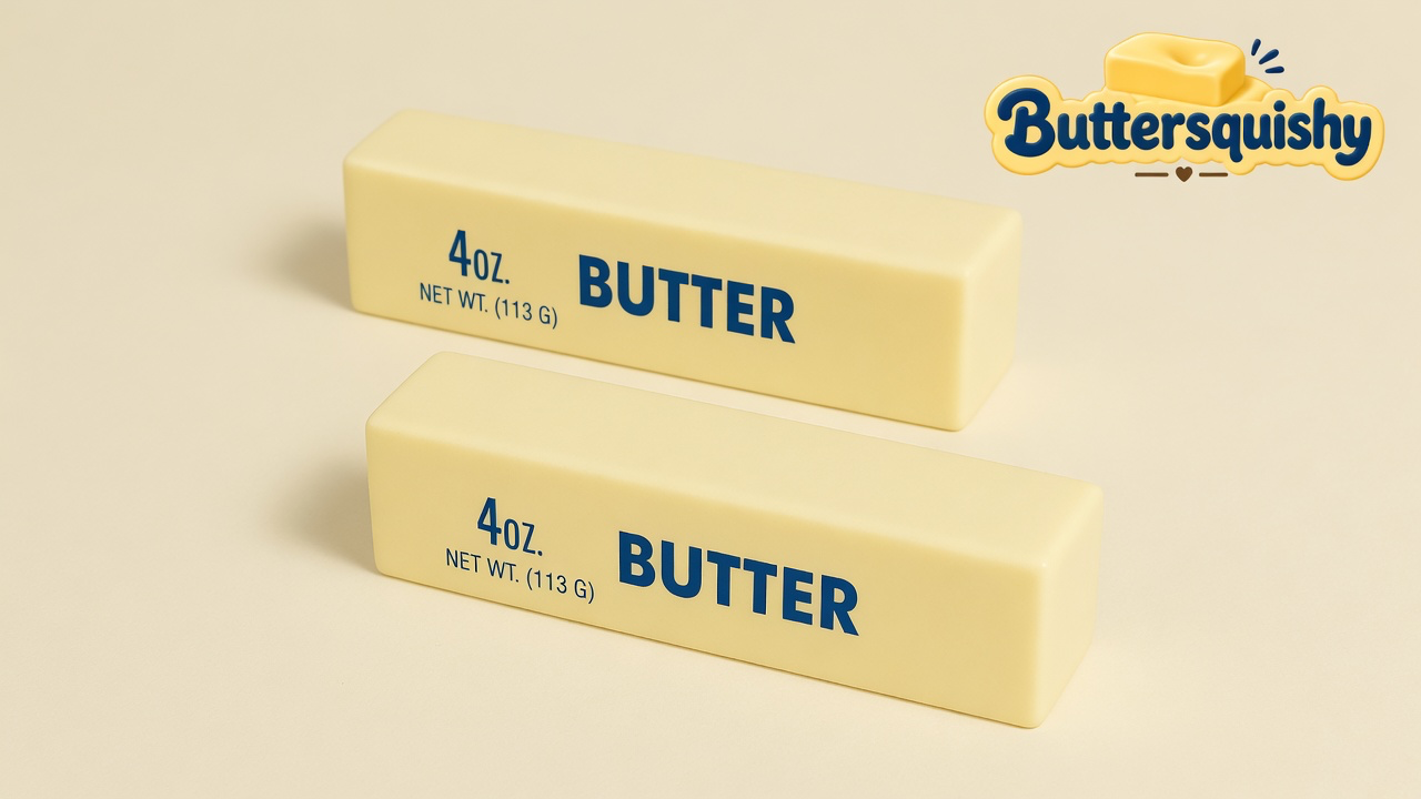 Two pale yellow rectangular sticks printed 4OZ and BUTTER on a light-yellow cream studio, Buttersquishy logo in the upper right