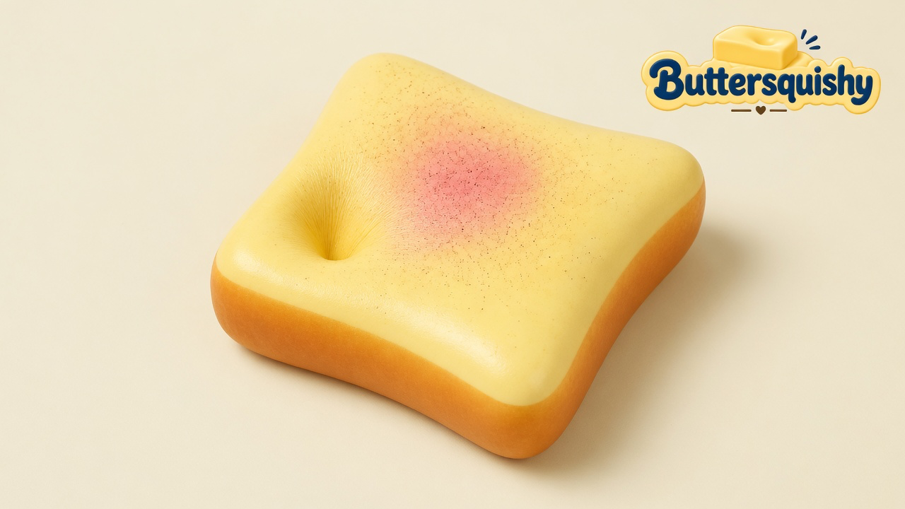 Square toast-face loaf with a pink blush and thumb dent on a light-yellow cream studio, Buttersquishy logo in the upper right