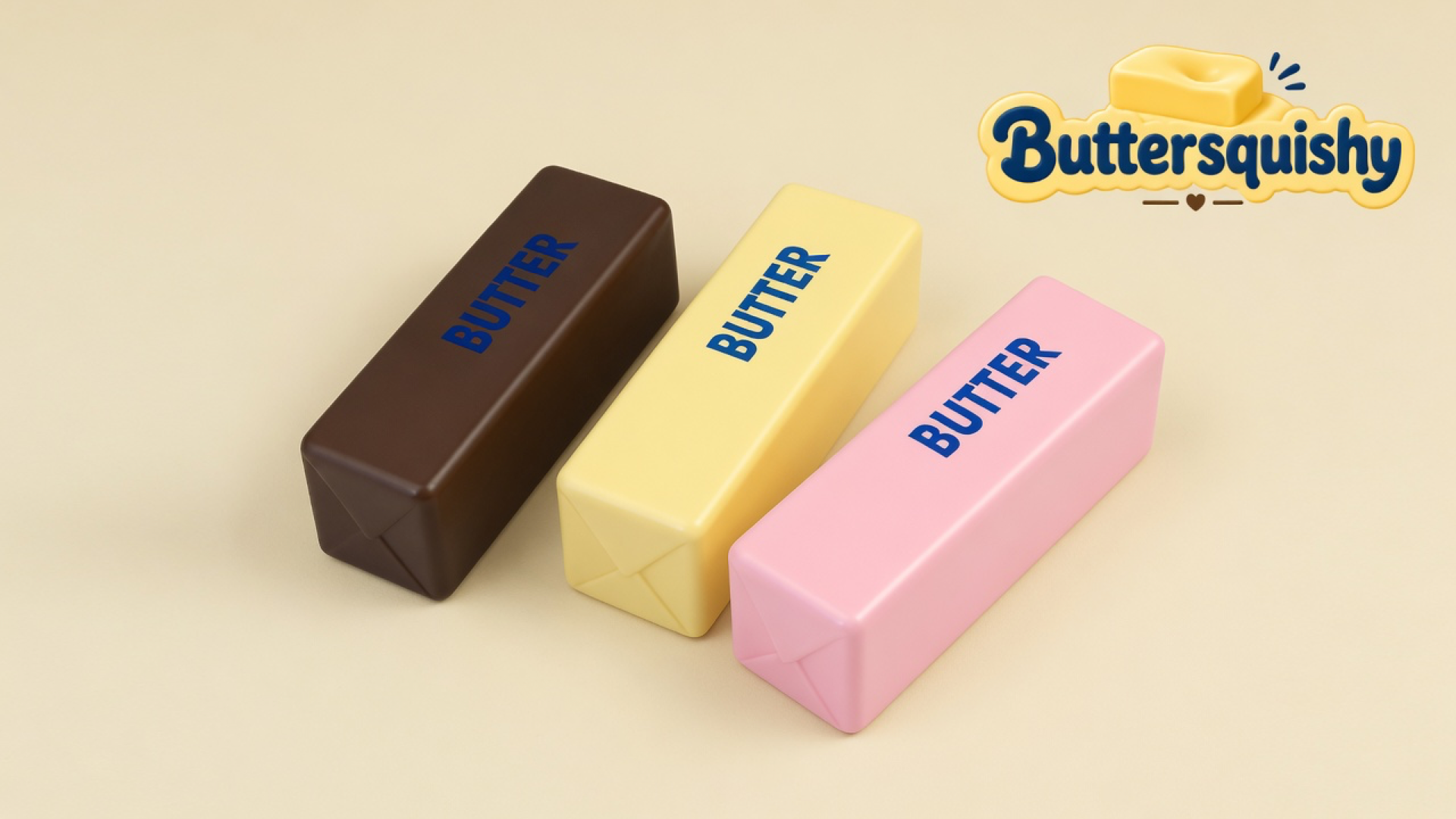 Three Chocolate Berry Butter sticks in chocolate brown, pale yellow, and pink with navy BUTTER prints on a light-yellow cream studio, Buttersquishy logo in the upper right