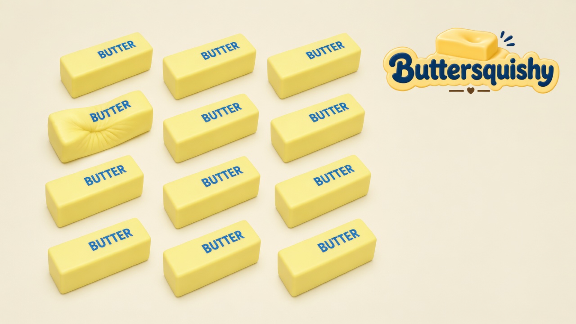 Twelve pale yellow Classic Butter Stick loaves printed BUTTER on a light-yellow cream studio, one stick dented, Buttersquishy logo in the upper right