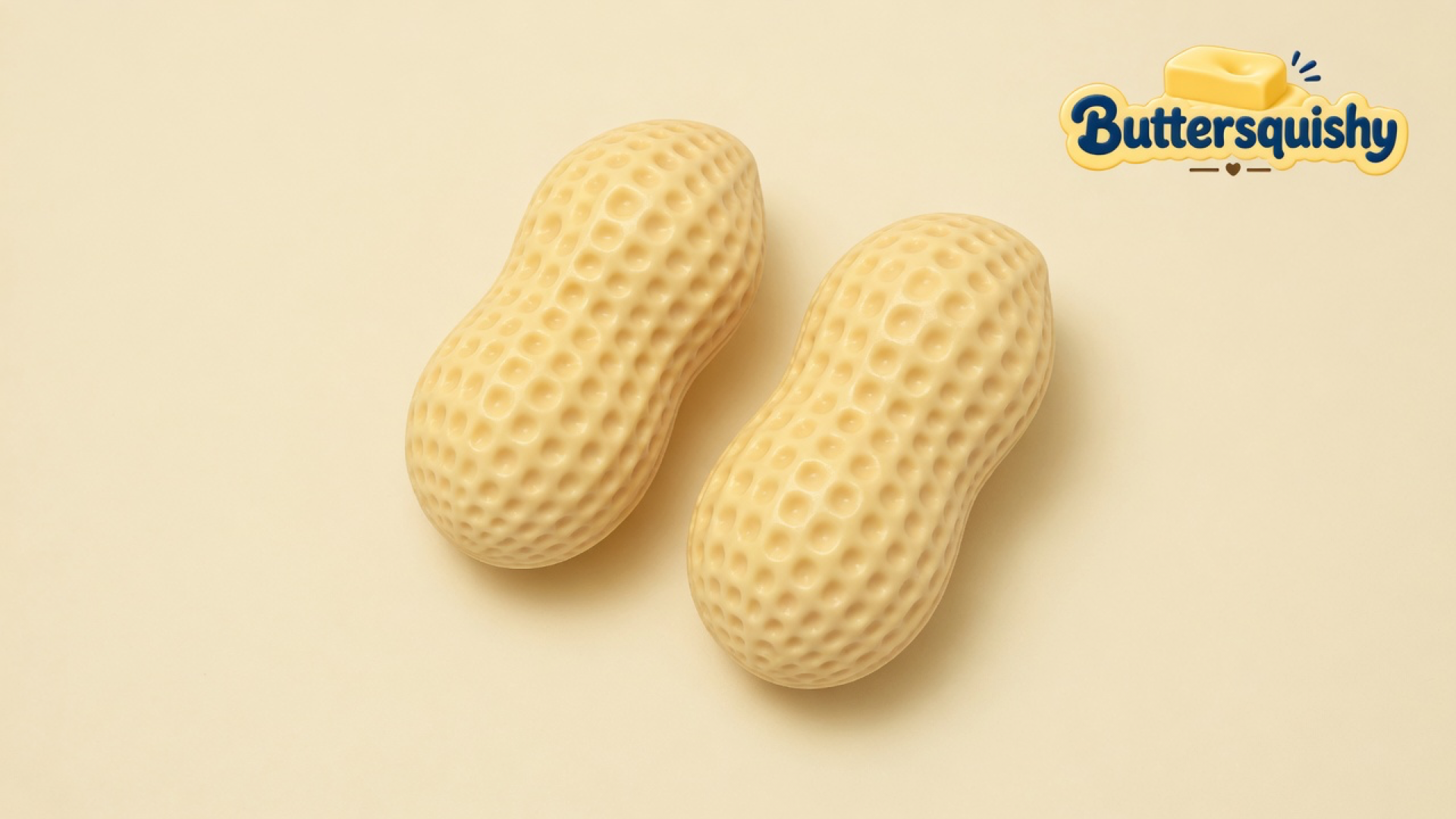 Two pale yellow dimpled peanut-shell Mixed Butter Pack toys on a light-yellow cream studio, Buttersquishy logo in the upper right