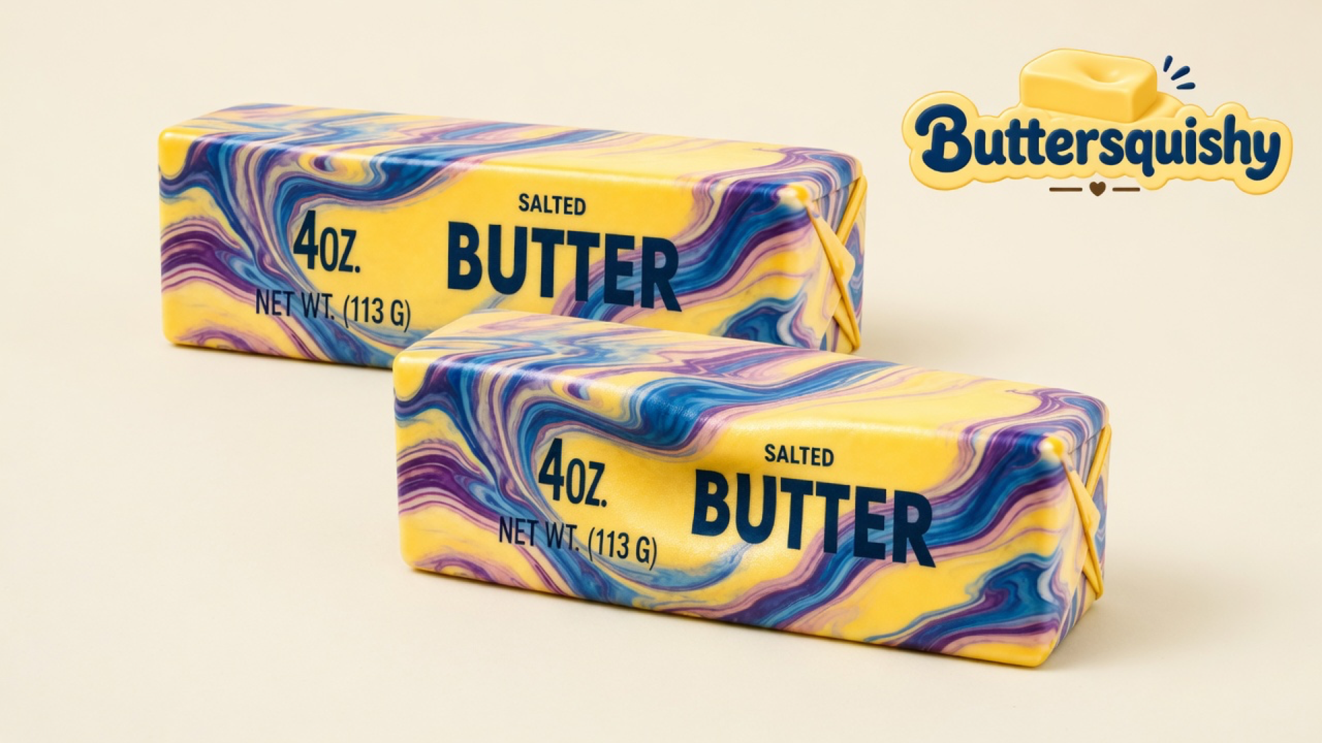 Two yellow SALTED BUTTER sticks with blue-violet-magenta oil-paint marble on a light-yellow cream studio, Buttersquishy logo in the upper right