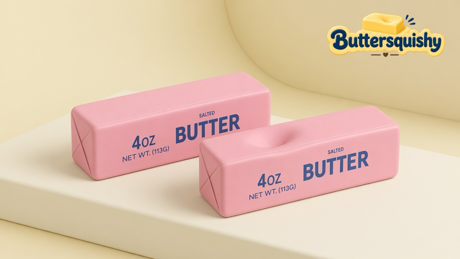 Two matching candy-pink SALTED BUTTER sticks on a light-yellow cream studio, Buttersquishy logo in the upper right