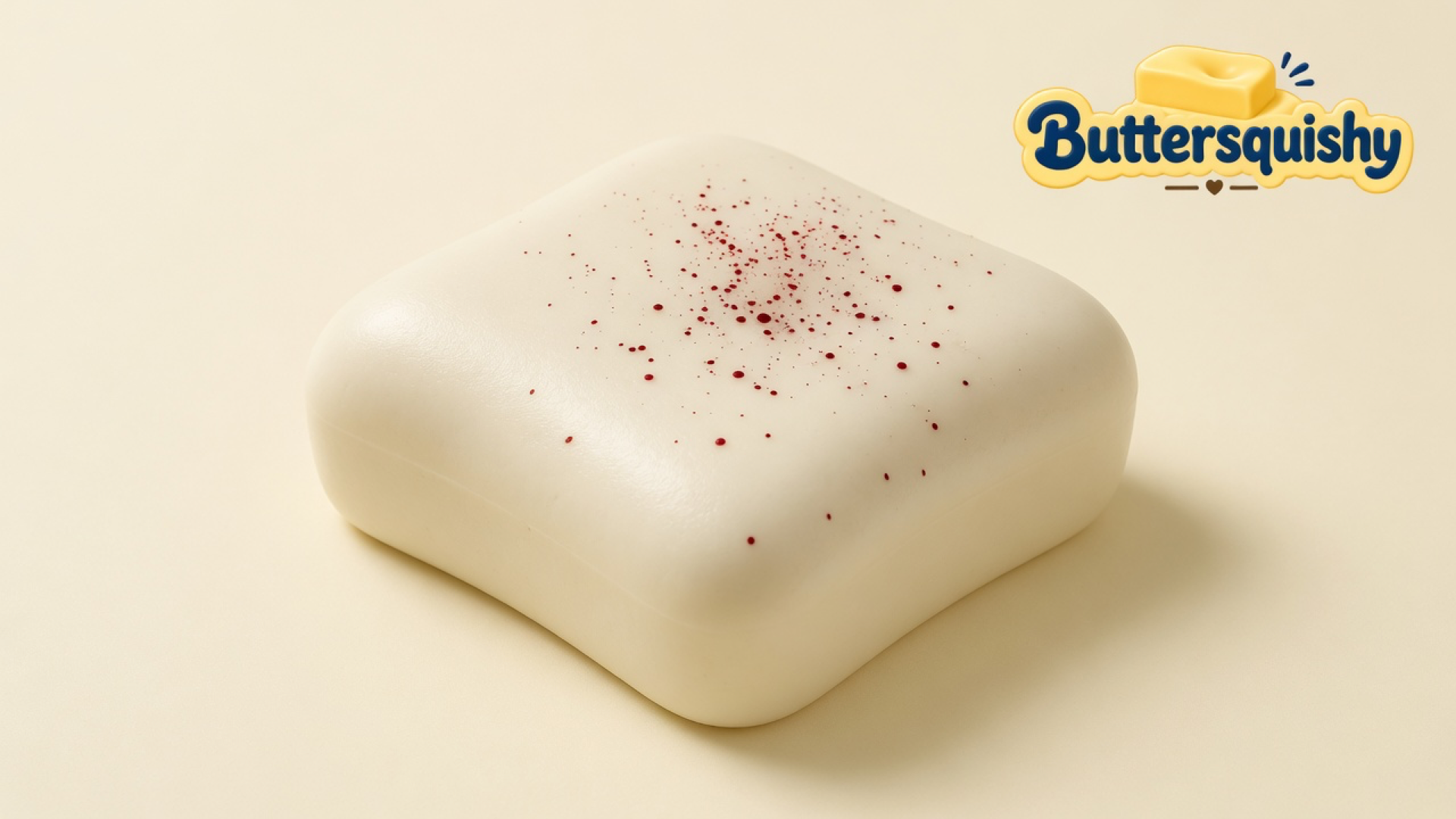 Cream rounded Bread Toast Loaf with a central cluster of red crumb dots on a light-yellow cream studio surface, Buttersquishy logo in the upper right