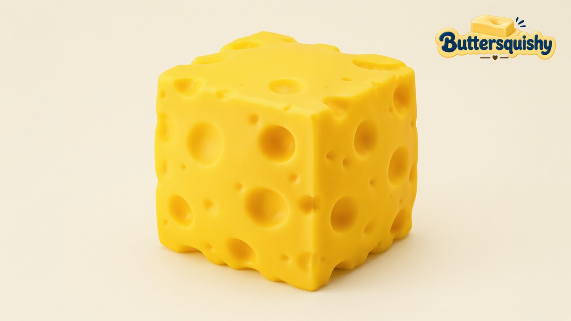 A bright yellow Swiss-cheese cube fidget on a light-yellow cream studio surface, Buttersquishy logo in the upper right
