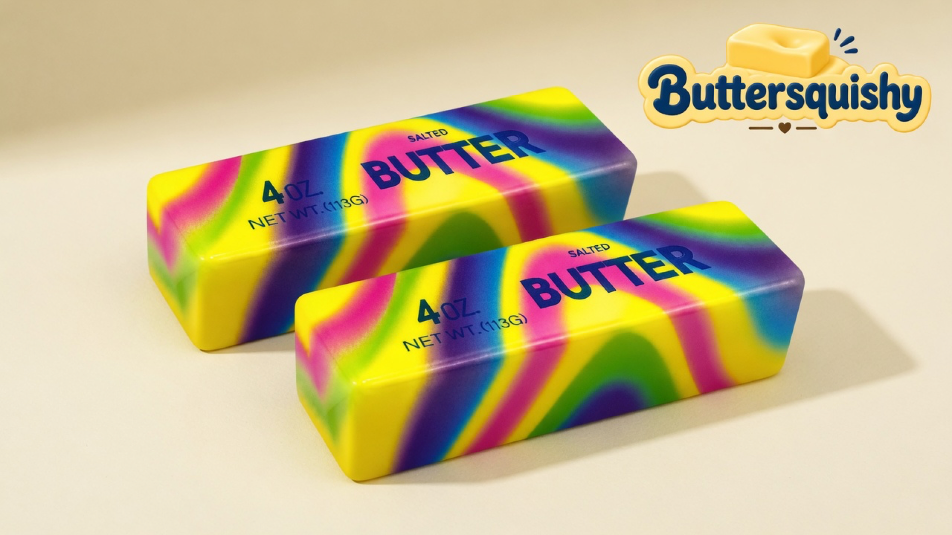 Two rainbow Neon Swirl Butter sticks printed SALTED BUTTER on a light-yellow cream studio surface, Buttersquishy logo in the upper right