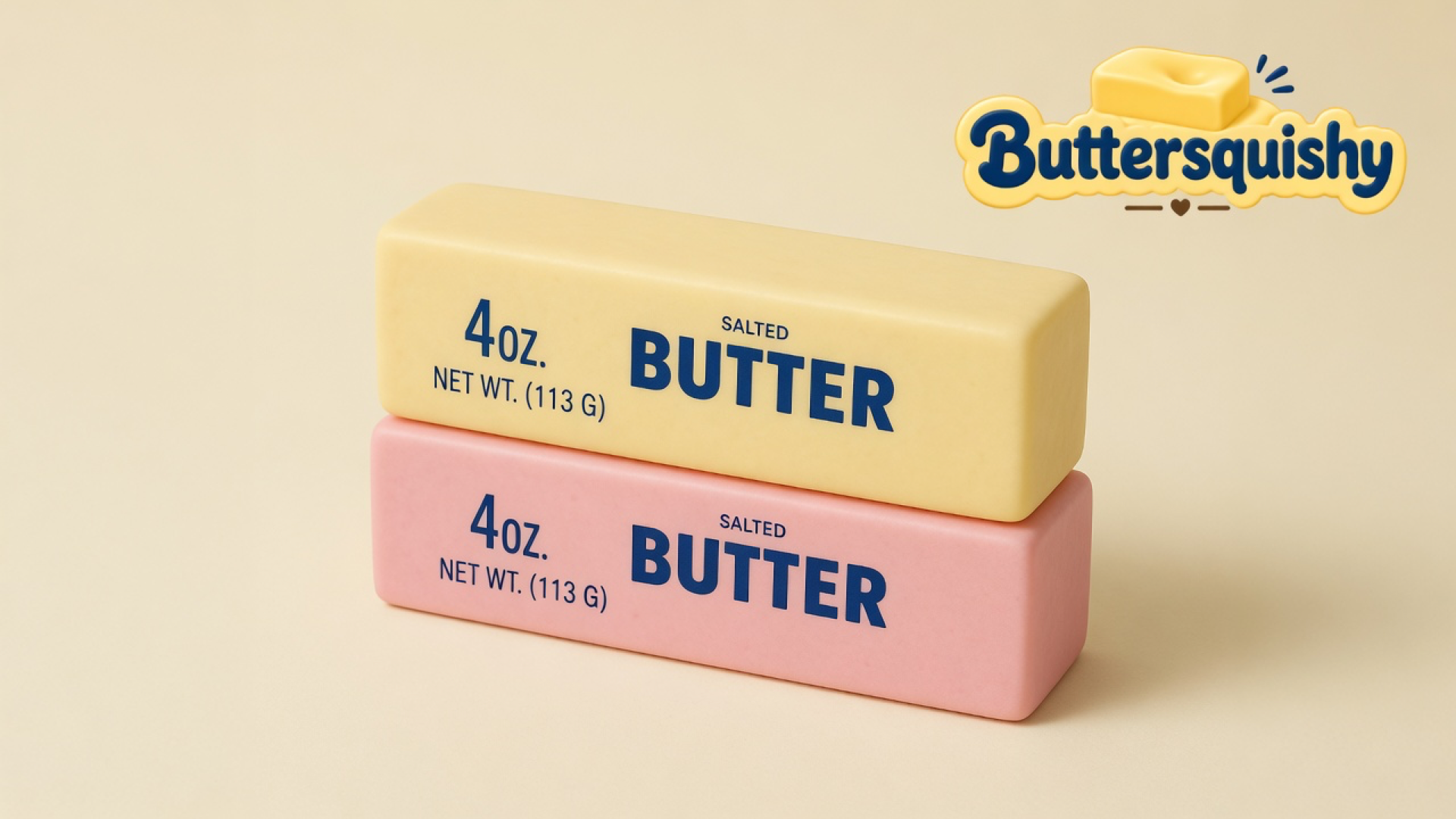 Two rectangular butter-print loaves, pale yellow stacked on pink, on a light-yellow cream studio with the Buttersquishy logo in the upper right