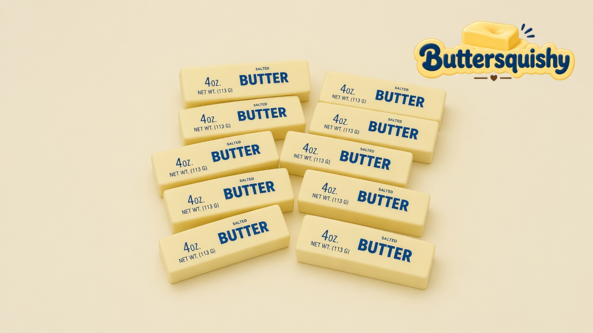 Ten pale yellow 4OZ SALTED BUTTER sticks on a light-yellow cream studio surface, Buttersquishy logo in the upper right
