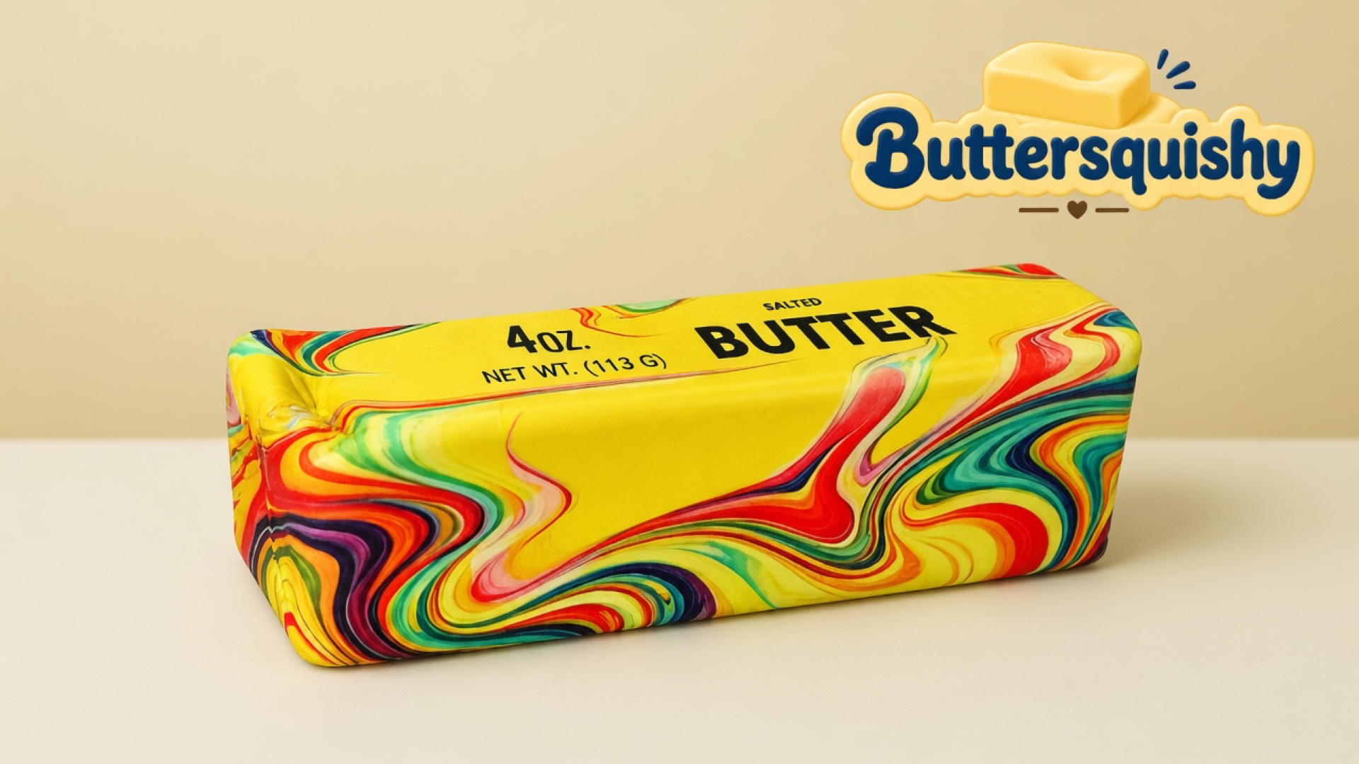 One Oil-Paint Swirl Butter stick with a yellow SALTED BUTTER face and rainbow marbled sides on a light-yellow cream studio surface, Buttersquishy logo in the upper right