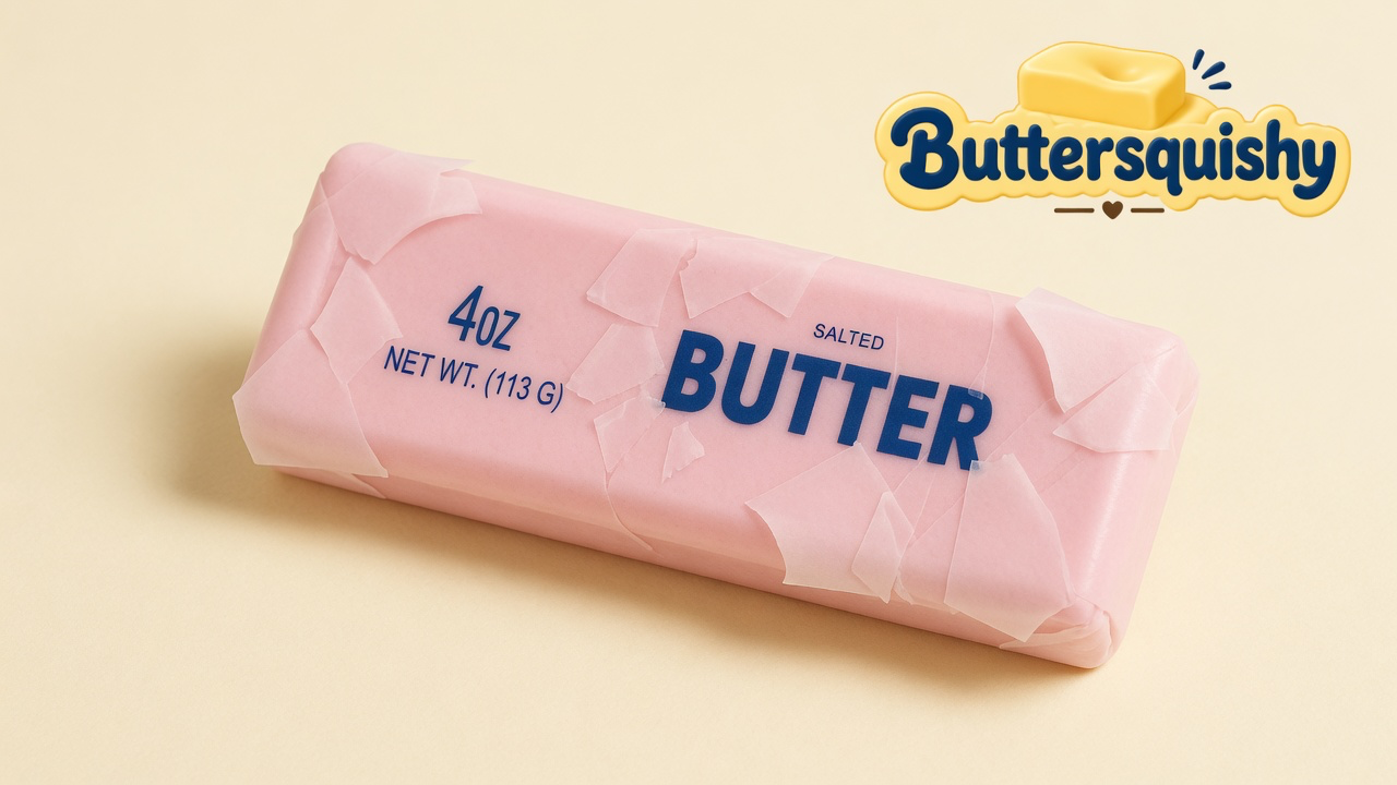 One candy-pink SALTED BUTTER stick with papery wrapper flakes on a light-yellow cream studio surface, Buttersquishy logo in the upper right