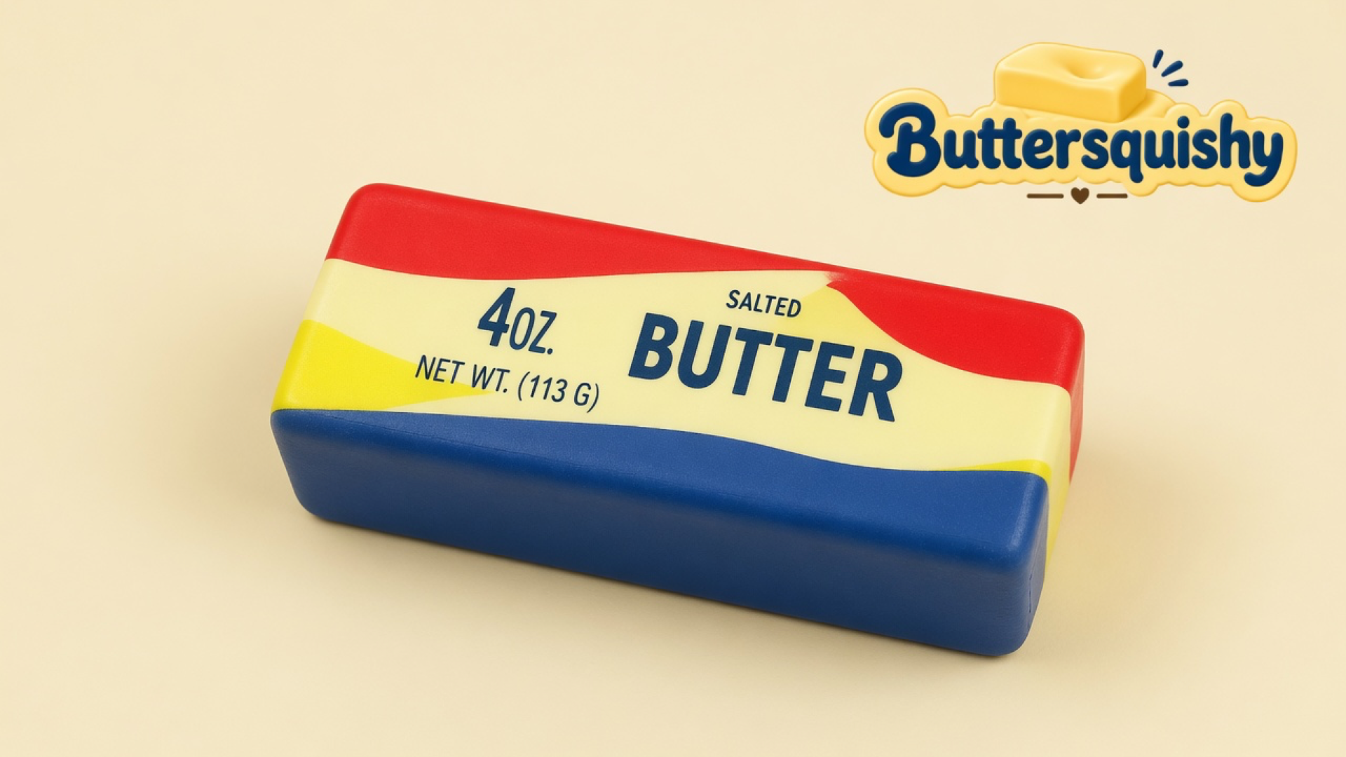 One Rainbow Stripe Butter stick with red, yellow, and blue bands on a cream studio background, with the Buttersquishy logo in the upper right