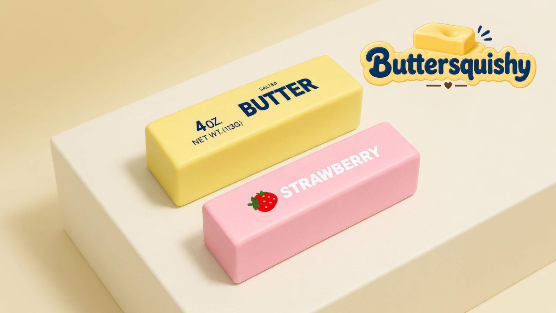 Pale yellow SALTED BUTTER loaf and pink STRAWBERRY loaf on a light-yellow cream studio plinth, Buttersquishy logo in the upper right