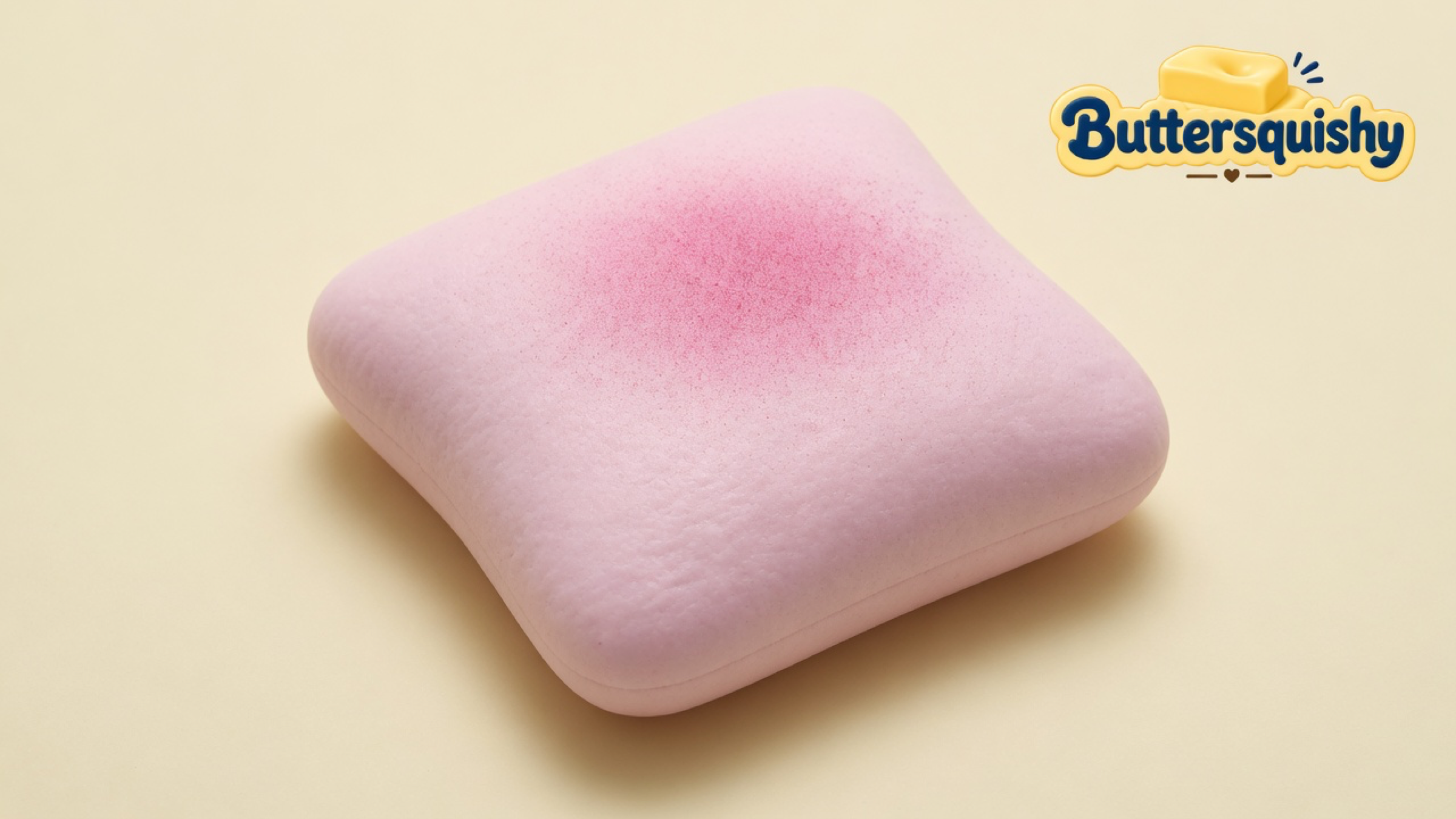 A pale pink rounded-square Bread Toast Loaf with a raspberry-magenta center spray on a light-yellow cream studio, with the Buttersquishy logo in the upper right