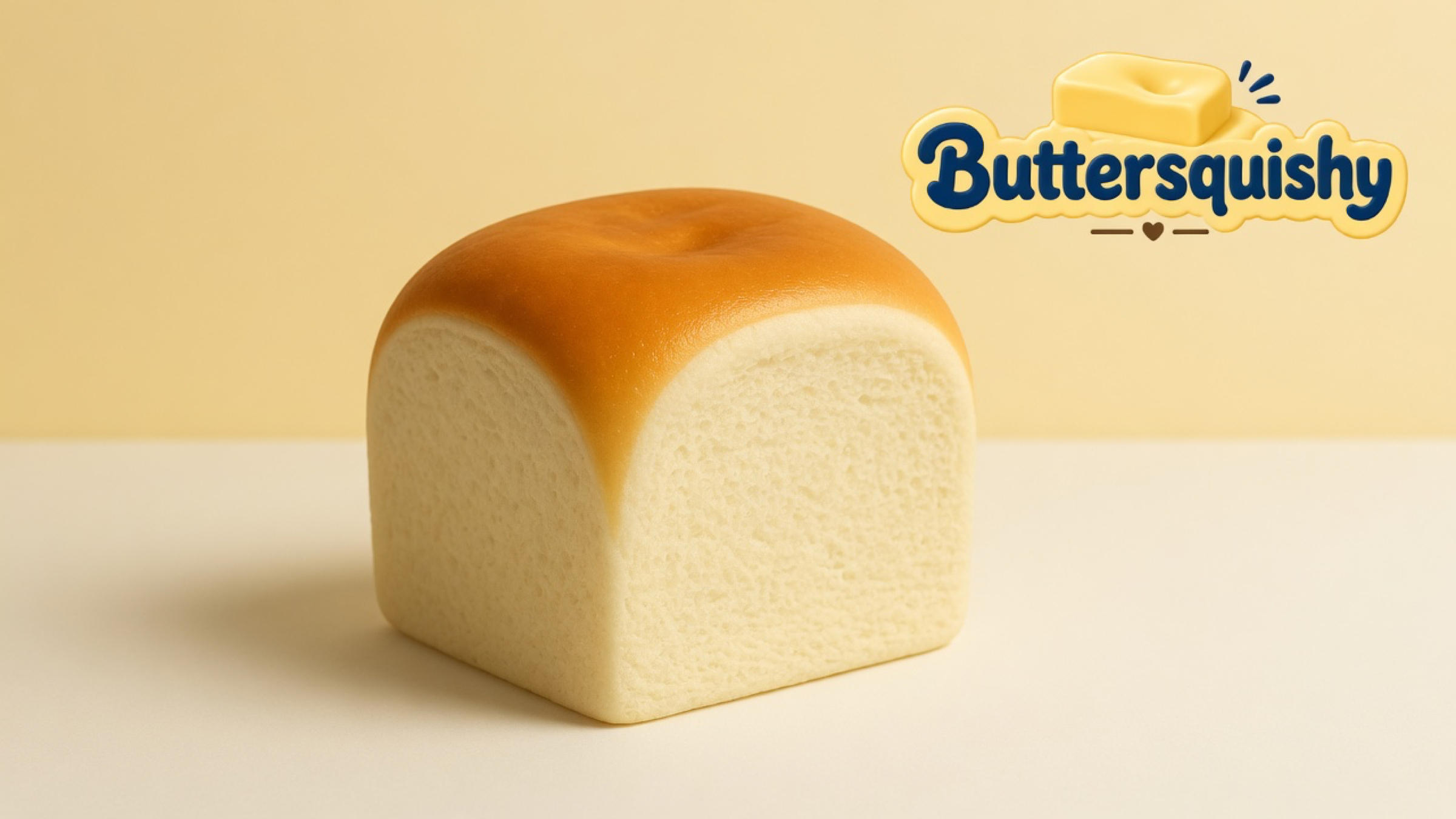 A golden-crust milk-bread toast loaf on a light-yellow cream studio, with the Buttersquishy logo in the upper right