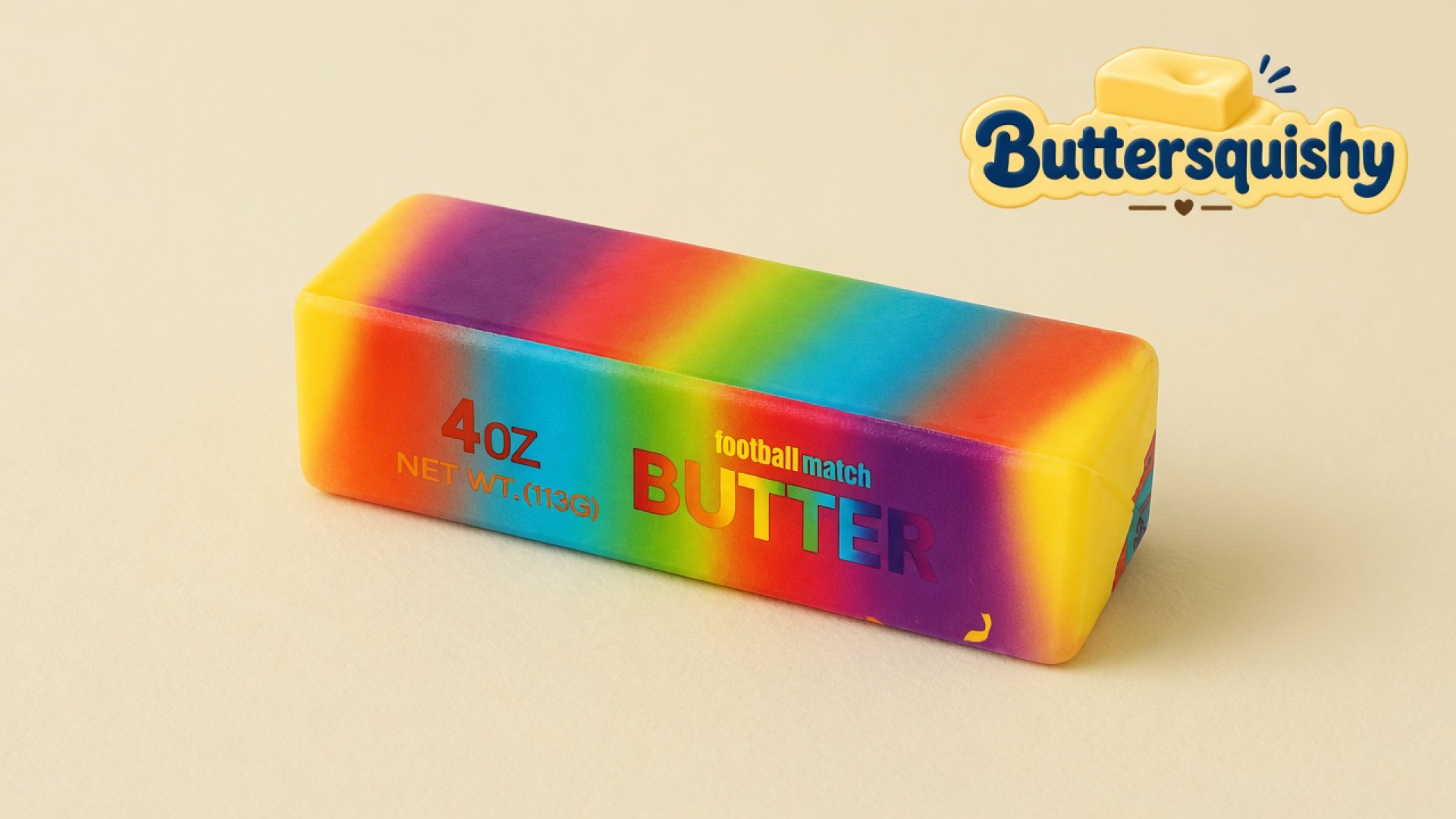 Rainbow candy-gradient butter stick printed 4OZ, NET WT. (113G), and football match BUTTER, on a light-yellow cream studio, Buttersquishy logo in the upper right