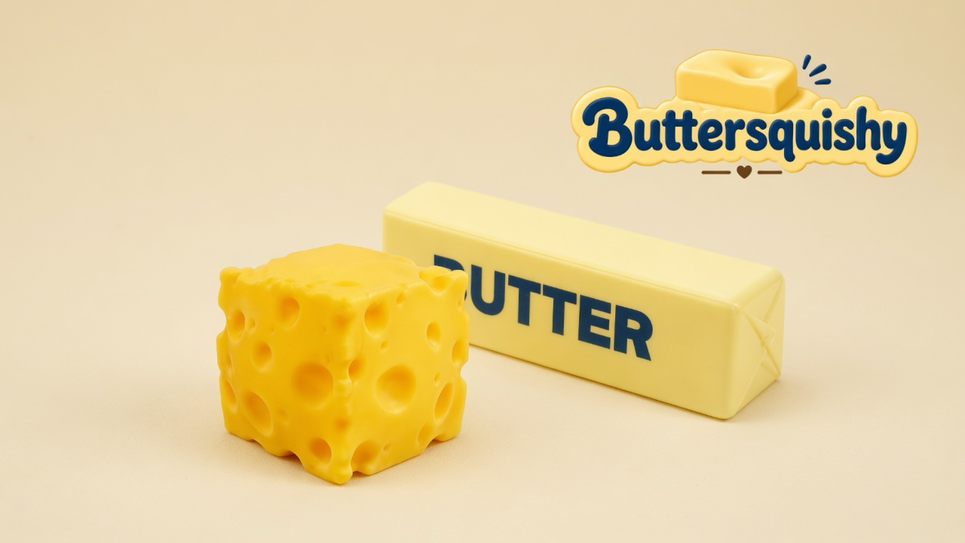 A lemon-yellow Swiss-hole cheese cube and a pale folded stick printed BUTTER on a light-yellow cream studio, with the Buttersquishy logo in the upper right