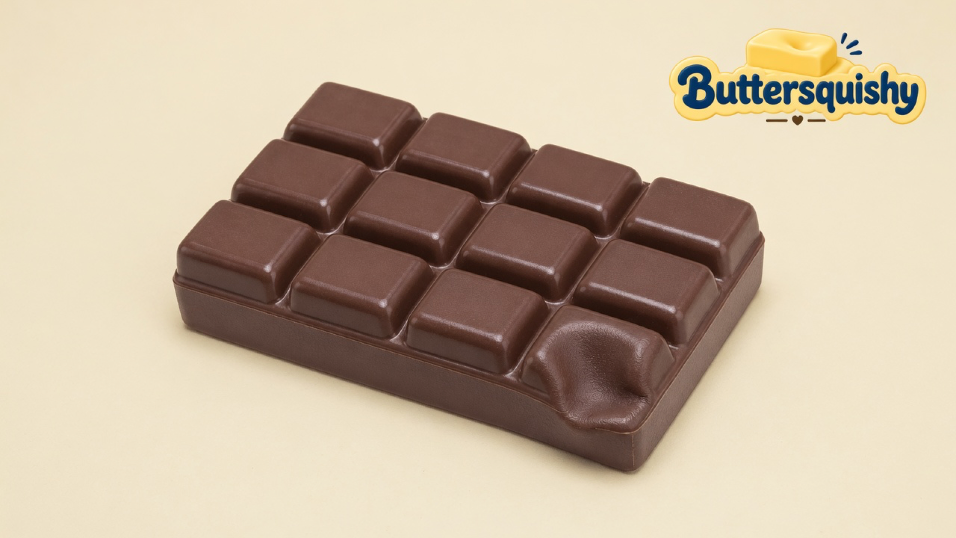 Milk-chocolate bar squishy with a twelve-square grid and one dented corner square, on a light-yellow cream studio, Buttersquishy logo in the upper right