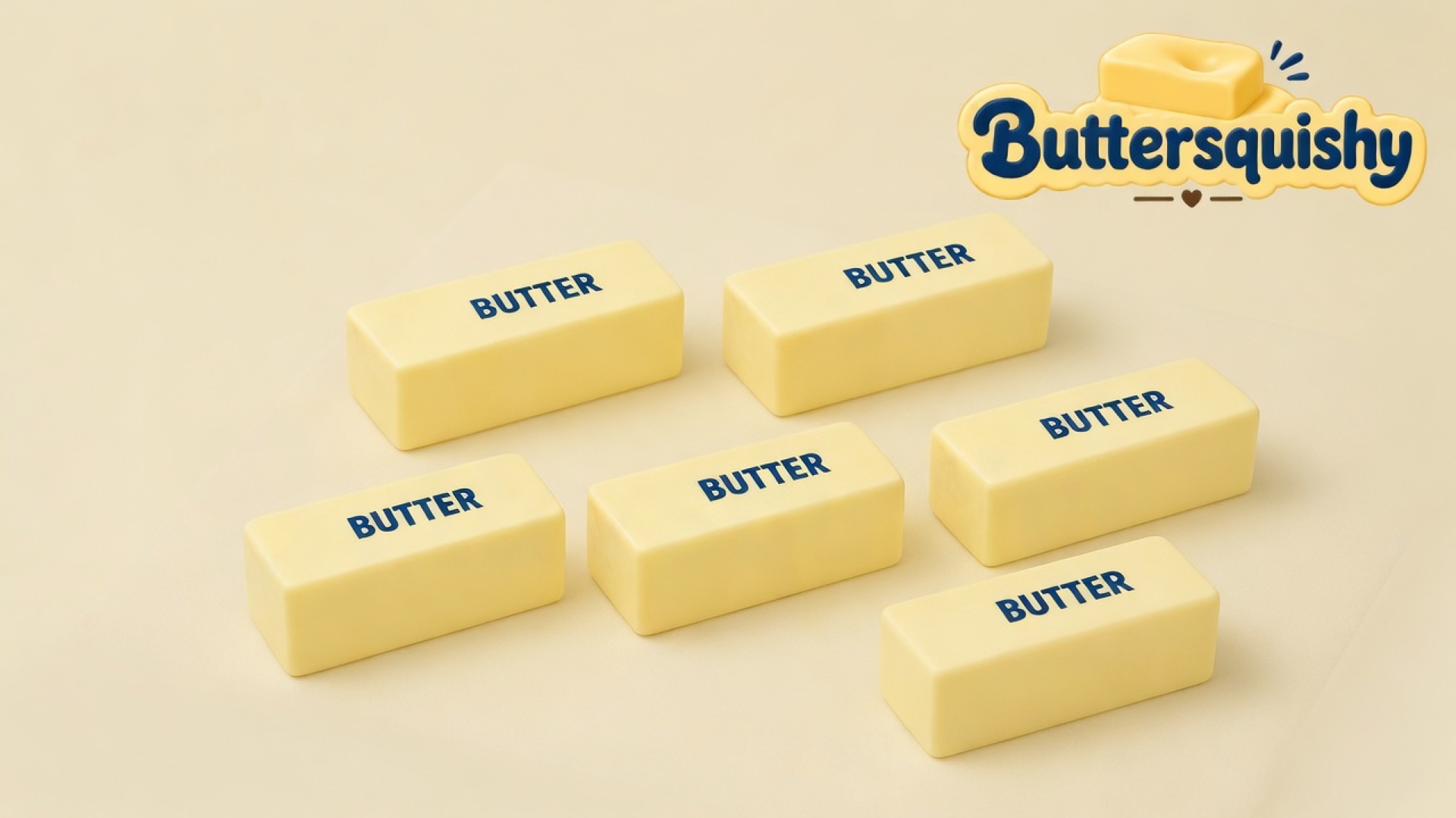 Six pale yellow Classic Butter Stick 4oz loaves printed BUTTER on a light-yellow cream studio, with the Buttersquishy logo in the upper right