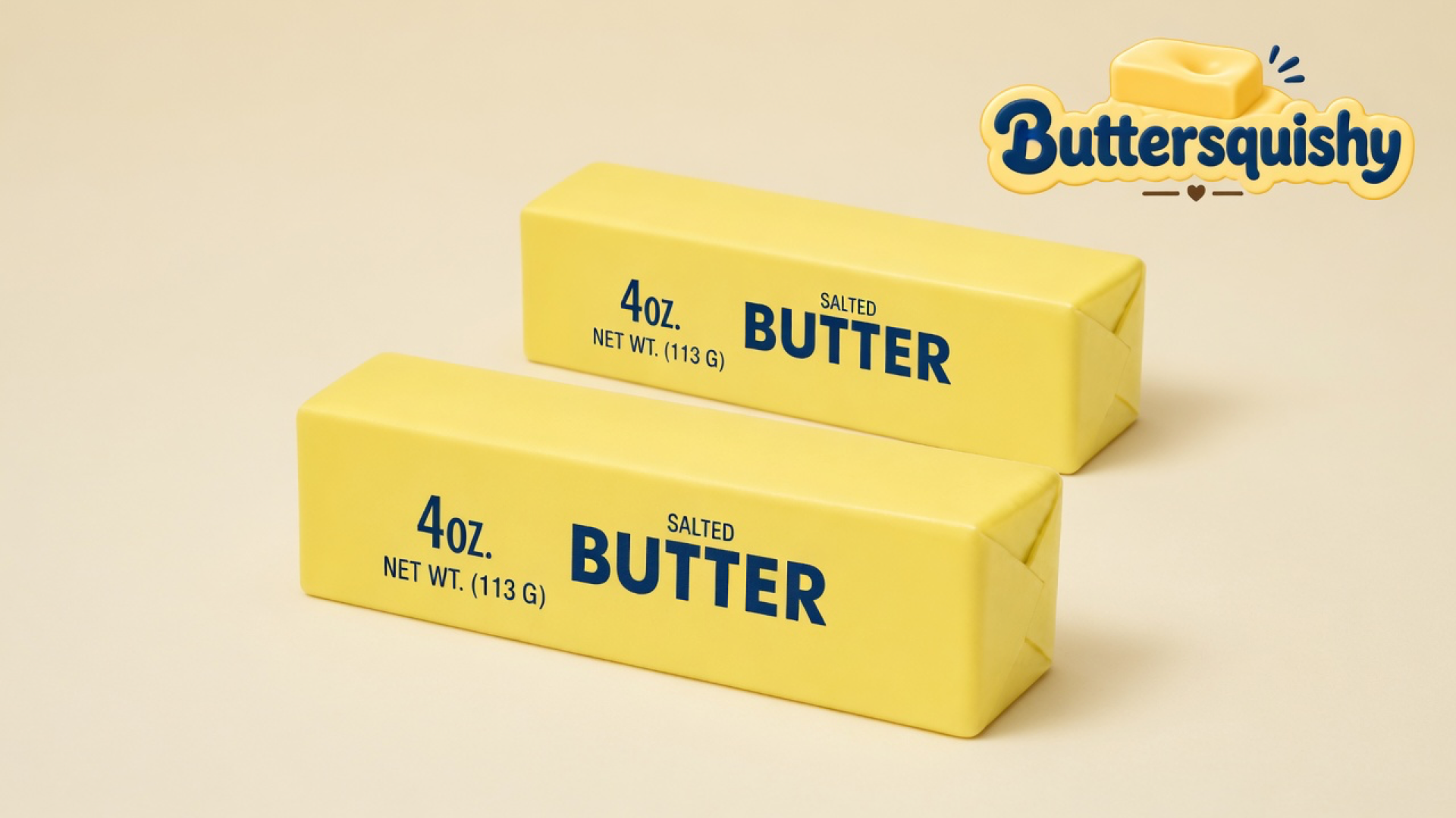 Two pale yellow Classic Gift Butter sticks printed 4OZ. NET WT. (113 G) and SALTED BUTTER on a light-yellow cream studio, with the Buttersquishy logo in the upper right