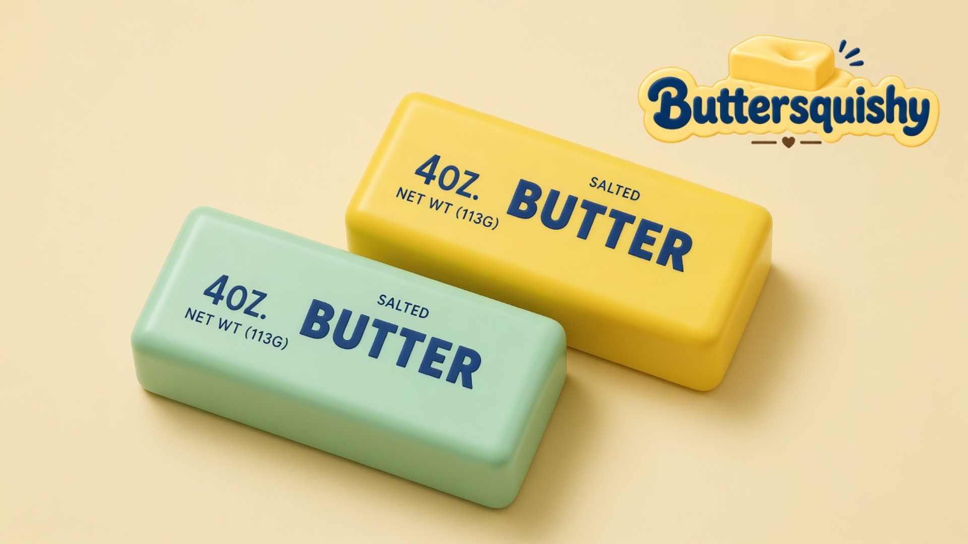 Pale mint-green and lemon-yellow Mint Lemon Crunch Butter sticks printed SALTED BUTTER and 4OZ. on a light-yellow cream studio, with the Buttersquishy logo in the upper right