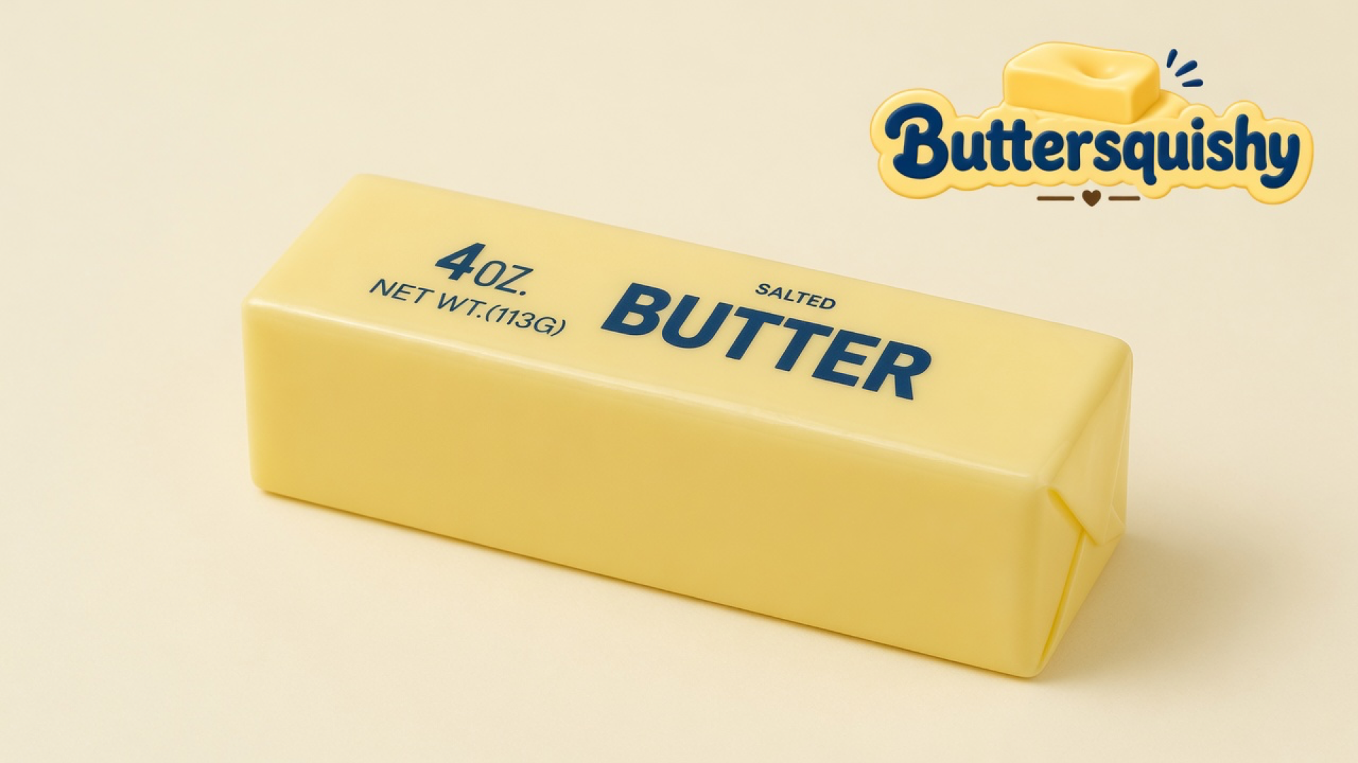 One pale-yellow Mixed Butter Pack loaf printed SALTED BUTTER and 4OZ. on a light-yellow cream studio, with the Buttersquishy logo in the upper right