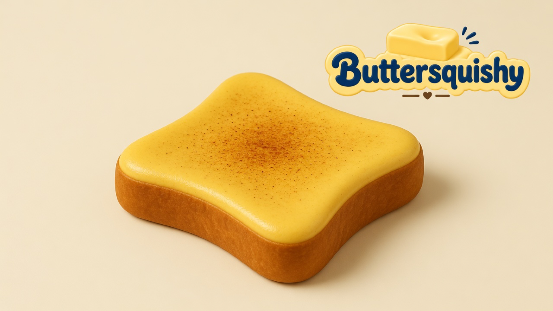 Square toast-face loaf with a butter-yellow top, toasted speckles, and brown crust on a light-yellow cream studio surface, Buttersquishy logo in the upper right