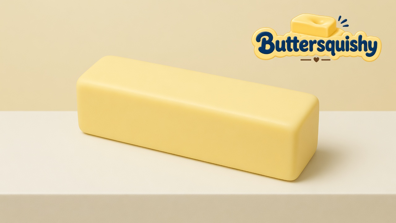A pale yellow unprinted Classic Gift Butter stick on a light-yellow cream studio surface, with the Buttersquishy logo in the upper right