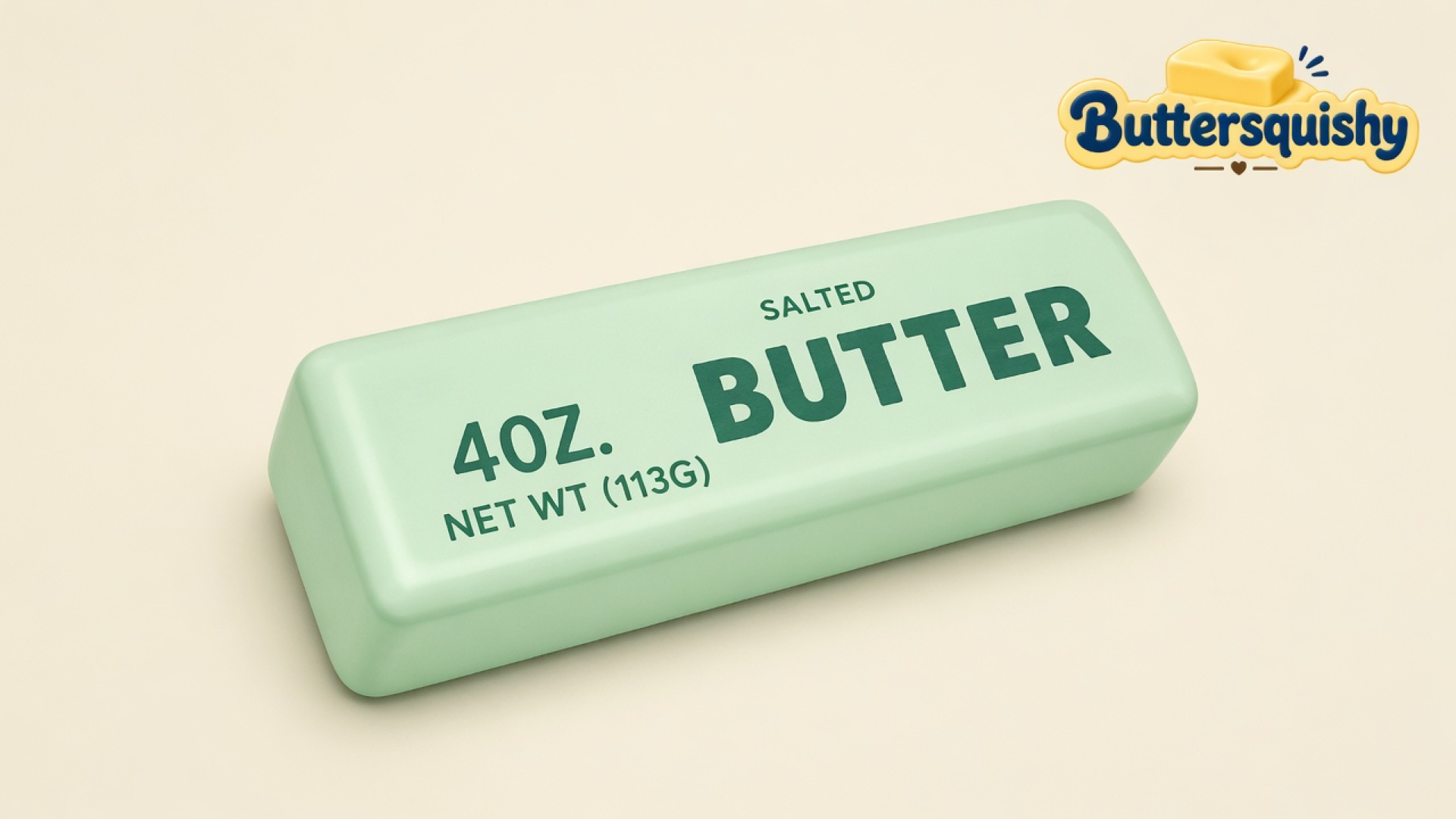 Pale mint-green Mint Butter Stick with forest-green SALTED BUTTER and 4OZ print on a light-yellow cream studio surface, Buttersquishy logo in the upper right