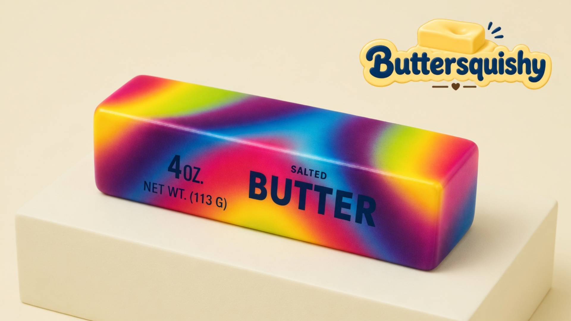 Rainbow Neon Swirl Butter loaf with navy SALTED BUTTER type on a light-yellow cream studio surface, Buttersquishy logo in the upper right