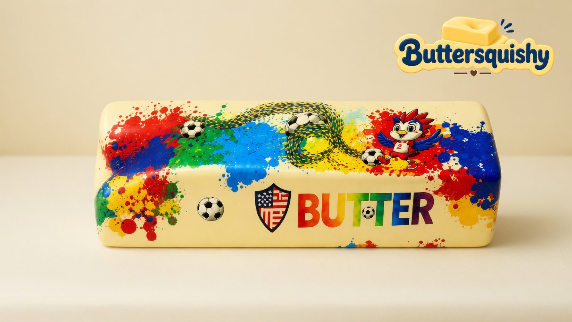 Cream rectangular Splash Marble Butter loaf with paint splatters, soccer balls, a macaw, a flag shield, and rainbow BUTTER type on a light-yellow cream studio surface, Buttersquishy logo in the upper right