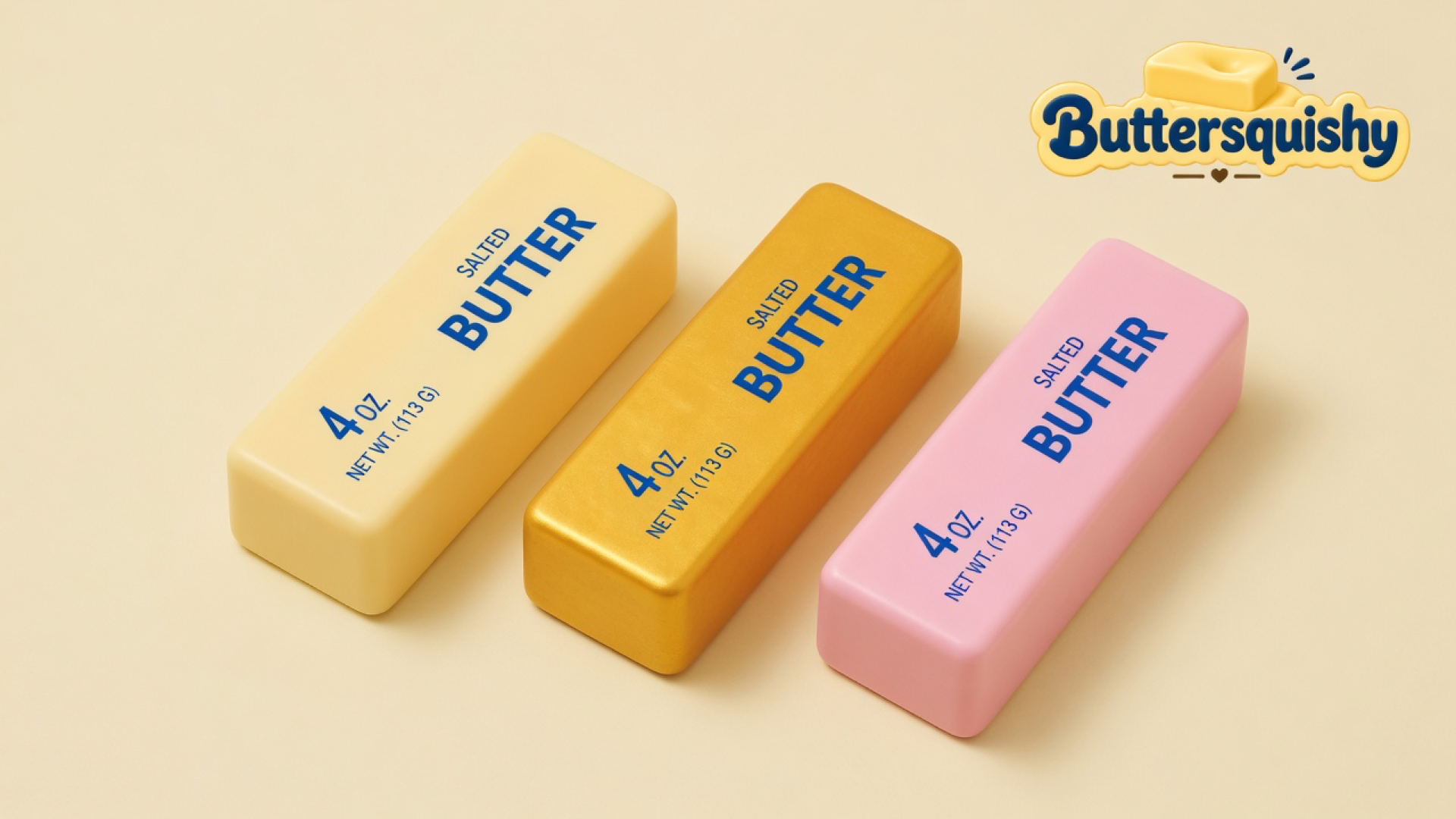 Three cream, gold, and pink Sunset Trio Butter sticks with navy SALTED BUTTER print on a light-yellow cream studio surface, Buttersquishy logo in the upper right