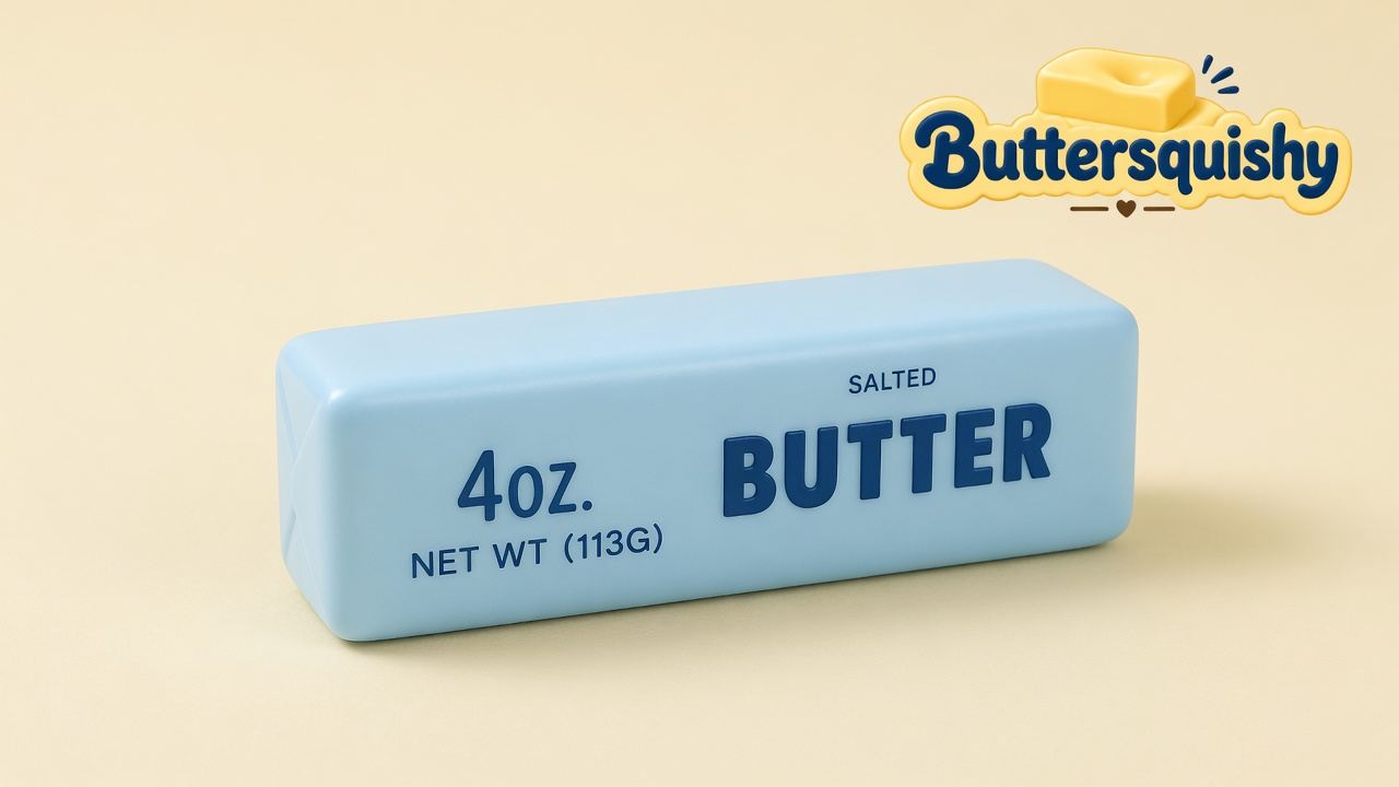 Pale-blue SALTED BUTTER stick on a light-yellow cream studio surface, Buttersquishy logo in the upper right